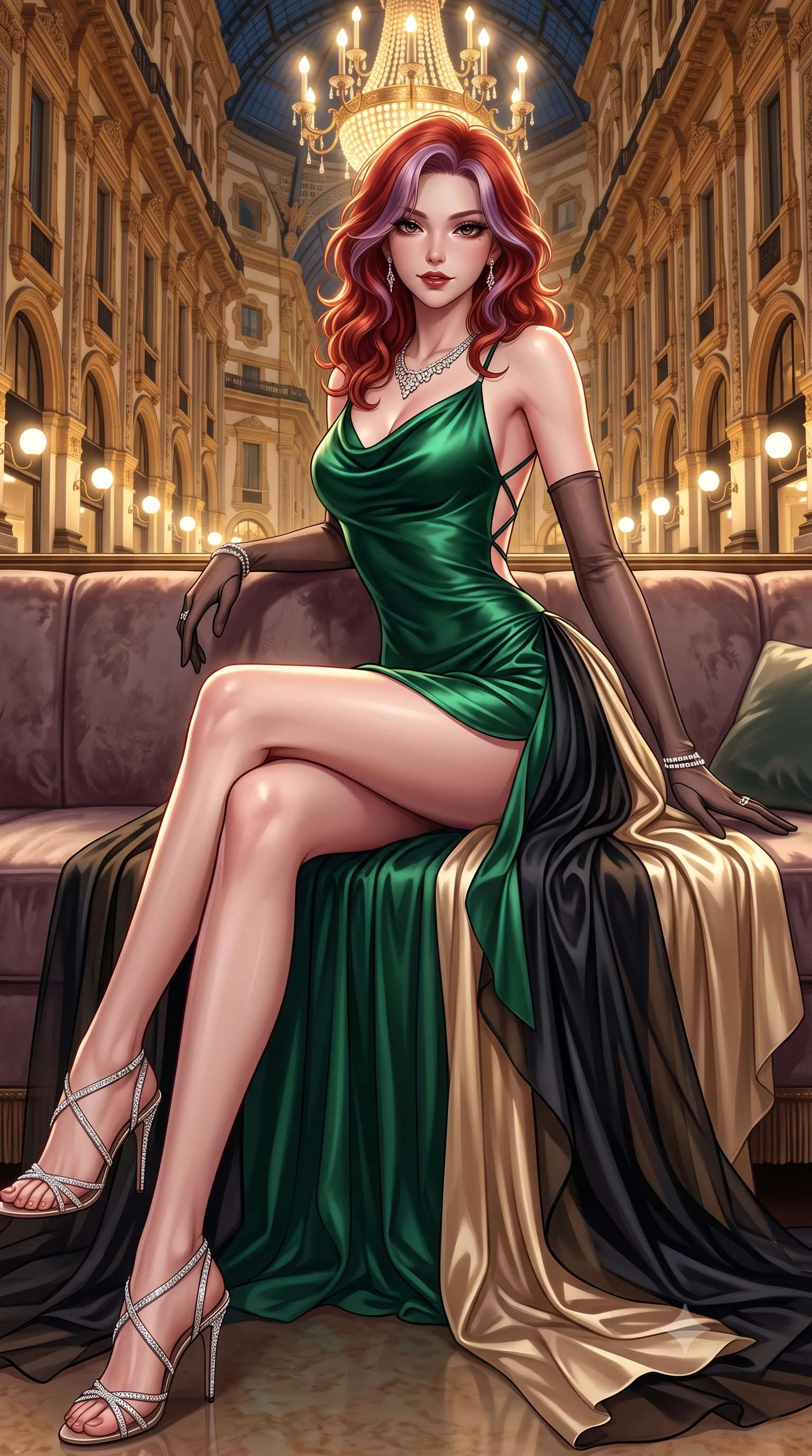 score_9, masterpiece, best quality, ultra-detailed, high-budget anime keyframe, editorial fashion photography, tasteful artistic composition, Caucasian woman. low angle full-body shot from head to toe showing her feet, filling the entire 9:16 vertical frame with her statuesque presence, stretching her vertical silhouette. reclining languidly across the velvet banquette with one knee bent and hips angled toward the camera, displaying her toned midriff and long slender limbs with effortless sensual charisma while twisting her slender torso in an alluring contrapposto stance, her dark tailored gown clinging to her narrow waist and rounded feminine hips. The surrounding environment is rendered in vivid detail and crisp panoramic clarity. detailed evening wear fabric sheen, diamond jewelry sparkle, and monumental Italian arcade architecture in high resolution. She has an exceptionally tall and slender model-like 8.5-heads proportion, an ultra-slim waist, a flat toned midriff, narrow delicate ribcage, and beautifully sculpted feminine hips creating a graceful, slim hourglass silhouette without any bulky heaviness, with impossibly long slender legs. sharp v-shaped jawline, high-bridge nose, intricate jewel-like dark sparkling eyes with dangerous depth, thick curled eyelashes, glossy parted lips with a rich wine sheen, smoldering seductive half-smile with bedroom-eyes, exuding effortless superiority and intoxicating dark allure, flawlessly proportioned anatomical accuracy, strict slender model proportions, natural body alignment, perfectly sculpted long slender limbs, ultra-slim waistline, clean dynamic posture without body distortion. wearing a cowl-neck emerald green silk satin slip dress with criss-cross back straps and hip-accentuating drape in midnight jet-black and liquid champagne gold, crafted from layered gossamer black organza with weightless, smoky flutter, complemented by sheer dark opera gloves reaching past her elbows, the glove-like silhouette tightly following the natural contour of her hips and long slender legs with youthful 8.5-heads elegance. bathed in majestic golden arcade chandelier light and soft ambient streetlamp wash. ultra-reflective glossy finish, specular highlights, rich textural contrasts, high-contrast stereoscopic depth, volumetric dynamic lighting, 2k, ultra detail, master piece, 9:16 ratio