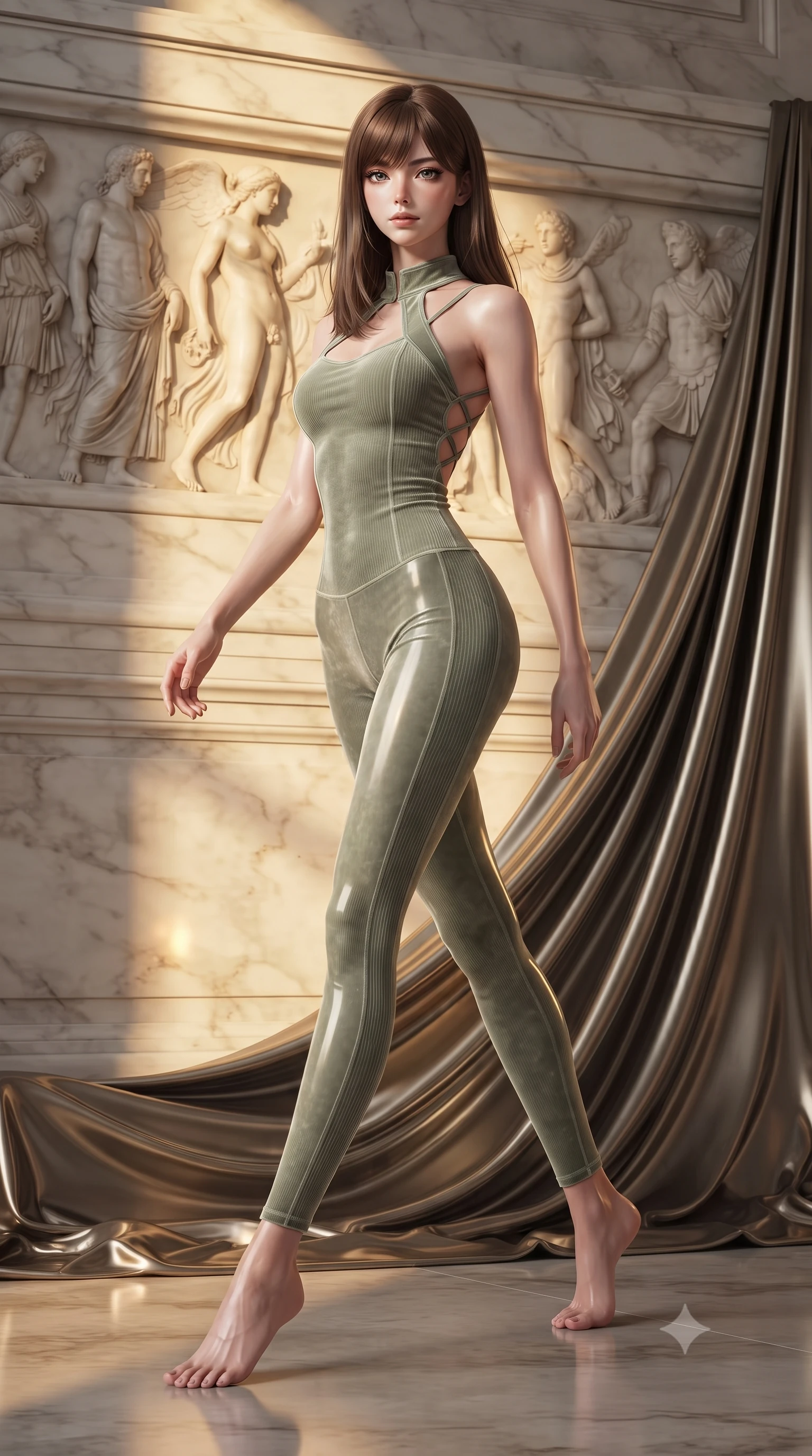 score_9, masterpiece, best quality, ultra-detailed, high-budget anime keyframe, editorial fashion photography, tasteful artistic composition, Korean woman. low angle full-body shot from head to toe showing her feet, filling the entire 9:16 vertical frame with her statuesque presence, stretching her vertical silhouette. stepping forward with proud posture, filling the vertical frame with her magnetic presence poised beside a carved marble frieze reflecting warm golden sunbeams, draped metallic fabric echoing the graceful carved folds of classical sculptures. She has an absolutely perfect, statuesque 8.5-heads proportion, an exceptionally tall and slender model-like female figure with impossibly long slender legs and an ultra-slim waist. sharp v-shaped jawline, high-bridge nose, intricate jewel-like eyes with depth, thick eyelashes, glossy lips with a natural sheen. wearing a form-fitting ribbed activewear set with collar cutouts in sage green and oatmeal, made of premium stretch velvet with a rich sheen, complemented by criss-cross back straps highlighting her bare shoulders, the tailored fabric tightly following every curve of her athletic build. illuminated by warm marble reflections and soft, elegant shading. ultra-reflective glossy finish, specular highlights, metallic sheen, high-contrast stereoscopic depth, volumetric dynamic lighting, 2k, ultra detail, master piece, 9:16 ratio
