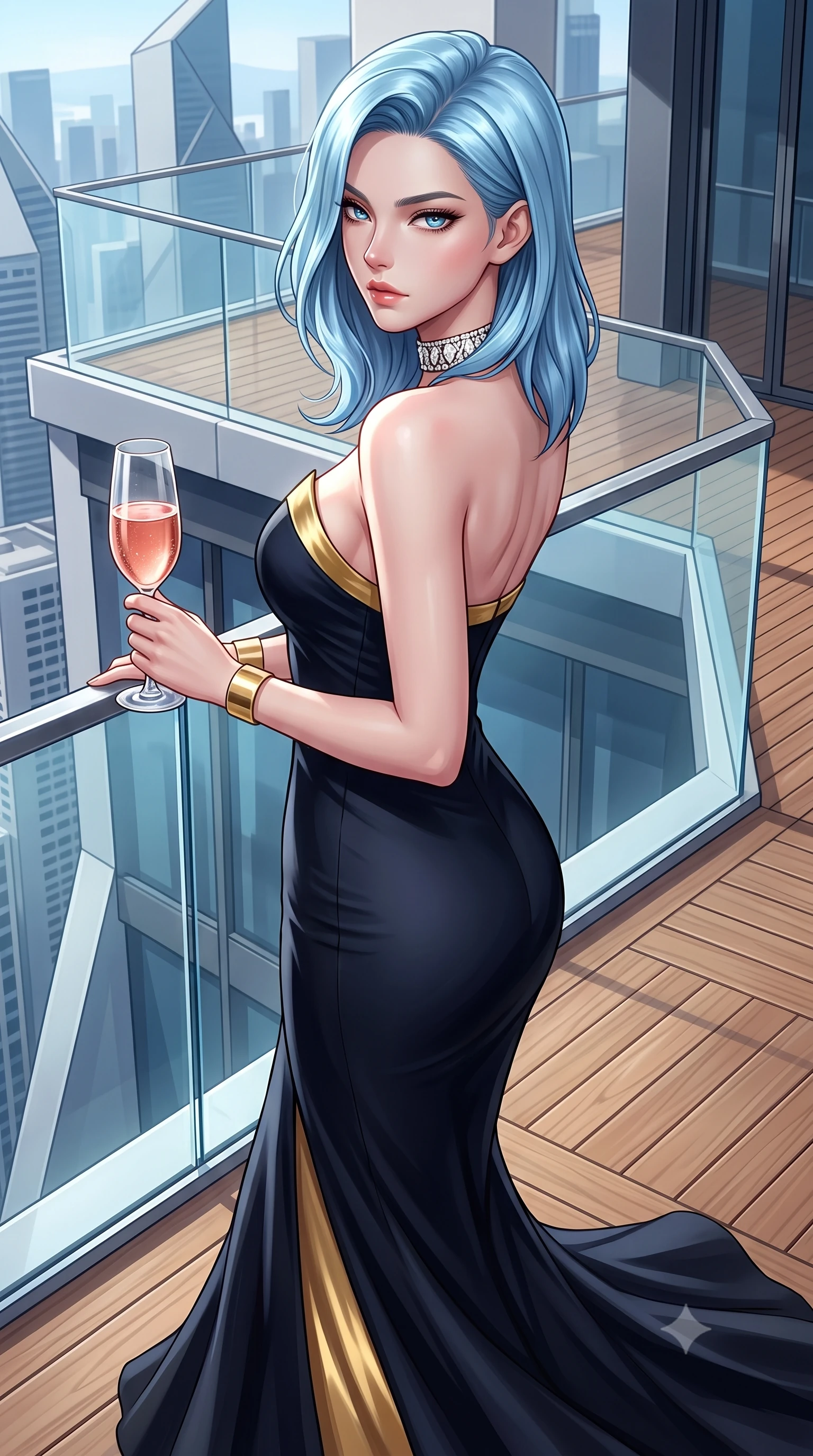 score_9, masterpiece, best quality, ultra-detailed, high-budget anime keyframe, semi-realistic 3D game render, editorial fashion photography, tasteful artistic composition, Korean woman. close-up cowboy shot from the waist and thighs up, the character dominates the composition, filling the frame with her large presence. radiating intense magnetic charisma with jewel-like eyes locked onto the viewer, her upper body turning in a dynamic, fluid S-curve while holding a chilled glass of vintage rosé, casting a smoldering, confident gaze over her shoulder into the lens. The surrounding environment is rendered in vivid detail and crisp panoramic clarity. crystal-clear penthouse glass railings, modern teak wood decking, and sharp architectural angles in deep focus. She has an exceptionally elegant, slender, and willowy female figure with an ultra-slim waist, a gracefully sculpted slender torso, toned flat midriff, and a refined slim silhouette. sharp v-shaped jawline, high-bridge nose, intricate jewel-like eyes with depth, thick eyelashes, glossy lips with a natural sheen, captivating and magnetic expression, flawlessly proportioned anatomical accuracy, strict slender model proportions, natural body alignment, perfectly sculpted long slender limbs, ultra-slim waistline, clean dynamic posture without body distortion. wearing a midnight silk crepe mermaid gown featuring an architectural strapless neckline in midnight obsidian black and liquid gold, tailored from liquid silk jersey adhering flawlessly to her slender build, accessorized with a bold diamond choker and minimalist gold cuffs, the breezy yet form-flattering drape swaying gracefully with her steps, accentuating her long willowy limbs and slim waistline. surrounded by a cosmopolitan, elite, and intensely magnetic modern royalty aura. highly saturated vibrant anime colors, detailed shading with soft gradients, rich glossy textures, high-contrast stereoscopic depth, volumetric dynamic lighting, master piece, 9:16 ratio