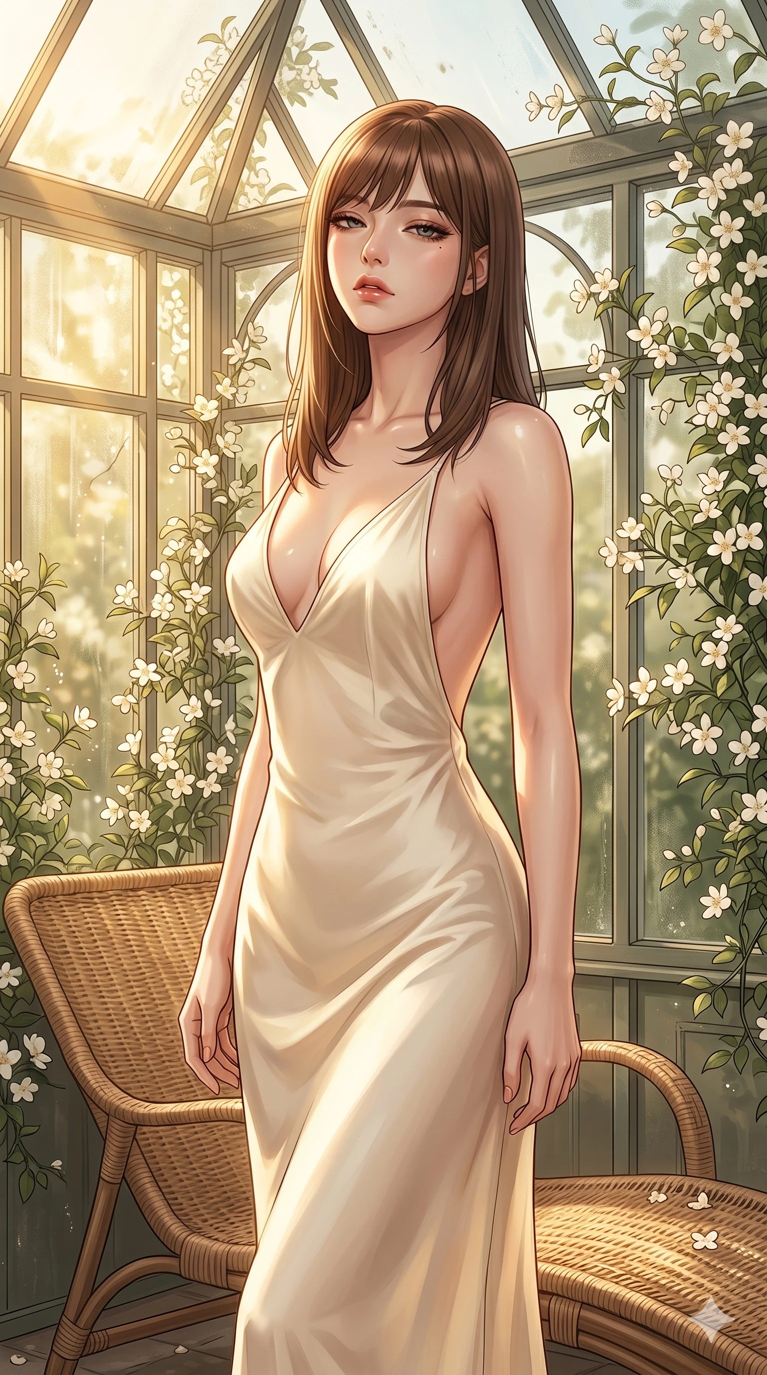 score_9, masterpiece, best quality, ultra-detailed, high-budget anime keyframe, editorial fashion photography, tasteful artistic composition, Korean woman. cowboy shot from the thighs up, character and outfit filling the frame for maximum editorial presence. casting a heavy-lidded, sultry gaze beneath thick lashes with quiet intensity, her chin tilted up inside a sun-drenched greenhouse conservatory with climbing white jasmines and wicker chaise lounge (Code-P071). She has an absolutely perfect 8-heads proportion, an exceptionally tall and slender female figure with impossibly long slender legs and an ultra-slim waist. V-shaped jawline, high-bridge nose, intricate jewel-like eyes with depth, thick eyelashes, glossy lips with a natural sheen. wearing a soft cream silk slip dress with a plunging V-neckline and a deep open back. bathed in warm, golden afternoon sunbeams creating soft specular highlights on her smooth skin. 2k, ultra detail, master piece, 9:16 ratio