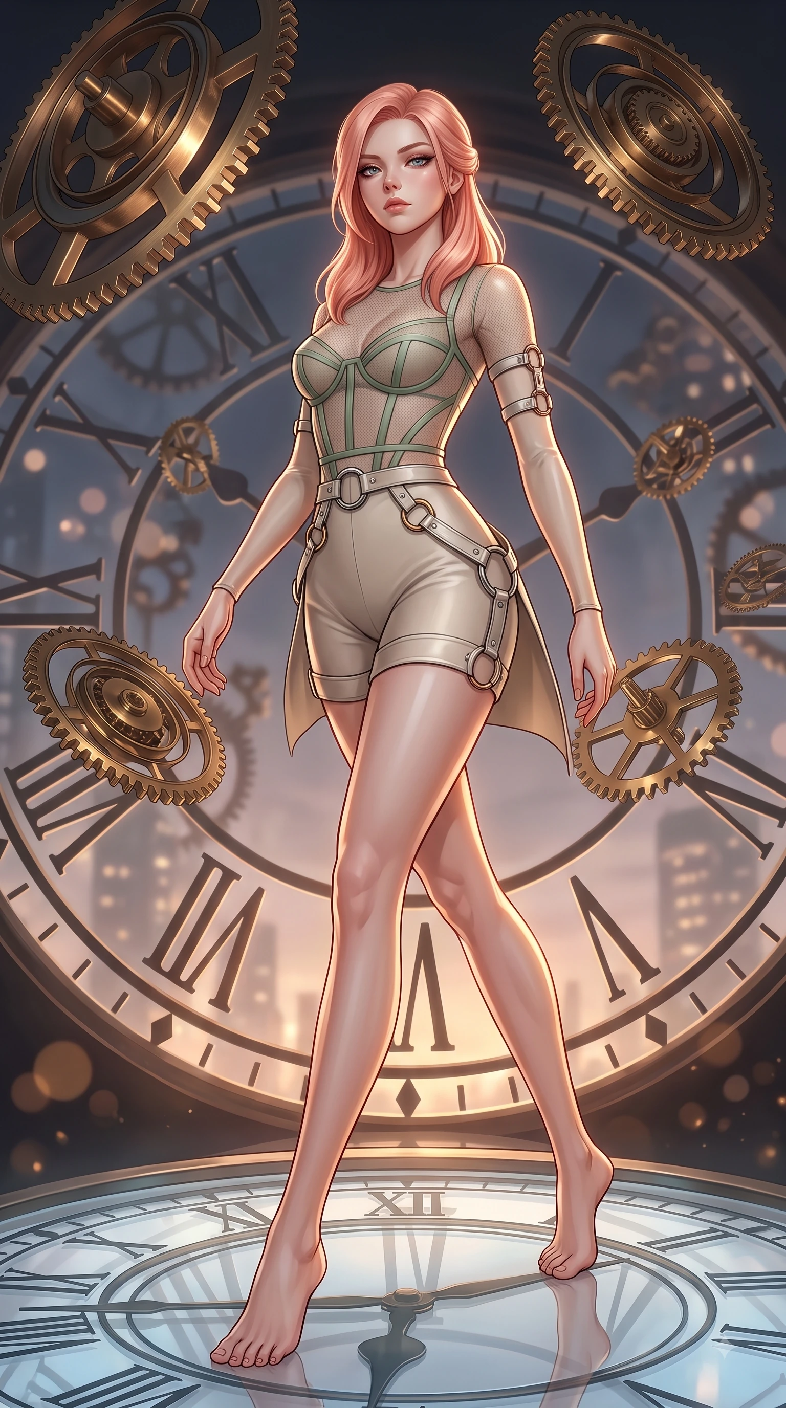 score_9, masterpiece, best quality, ultra-detailed, high-budget anime keyframe, editorial fashion photography, tasteful artistic composition, Japanese woman. low angle full-body shot from head to toe showing her feet, filling the entire 9:16 vertical frame with her statuesque presence, stretching her vertical silhouette. stepping forward in a proud dynamic stride with an alluring waist tilt, her vertical silhouette filling the frame while standing atop a giant translucent Roman numeral clock dial in a high tower at dusk, floating brass gears and clocksprings casting intricate metallic reflections. She has an absolutely perfect, statuesque 8.5-heads proportion, an exceptionally tall and slender model-like female figure with impossibly long slender legs and an ultra-slim waist. sharp v-shaped jawline, high-bridge nose, intricate jewel-like eyes with depth, thick eyelashes, glossy lips with a natural sheen, flawlessly proportioned anatomical accuracy, natural body alignment, perfectly sculpted elegant limbs, clean dynamic posture without body distortion. wearing a delicate see-through mesh top with structured cup boning and micro-shorts in sage green and oatmeal, formed from sleek second-skin neoprene, accented with delicate chrome ring hardware framing her waist, the sleek second-skin texture accentuating her magnetic presence. surrounded by warm hearth light and dramatic bronze rim highlights. ultra-reflective glossy finish, specular highlights, metallic sheen, high-contrast stereoscopic depth, volumetric dynamic lighting, 2k, ultra detail, master piece, 9:16 ratio