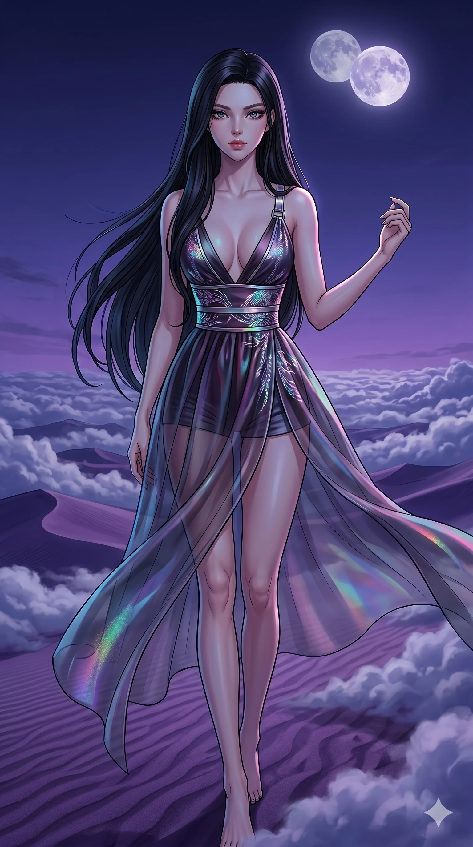 score_9, masterpiece, best quality, ultra-detailed, high-budget anime movie keyframe, cinematic anime lighting, intricate line art, Japanese woman. Medium shot of upper body capturing the intricate details of her high-fashion attire. navigating a sea of clouds in a desert of purple sands under a twin-moon sky. She has an absolutely perfect 8-heads proportion, an exceptionally tall and slender female figure with an ultra-slim waist and impossibly long slender legs. sharp v-shaped jawline, high-bridge nose, intricate jewel-like eyes, thick eyelashes, glossy lips. Wearing modernized deep-plunging silk hanbok-fusion with metallic straps, a high-slit sheer skirt over micro-shorts, and holographic embroidered patterns. The scene is illuminated by dramatic atmospheric lighting and vibrant color palettes. , 2k, ultra detail, master piece, 9:16 ratio