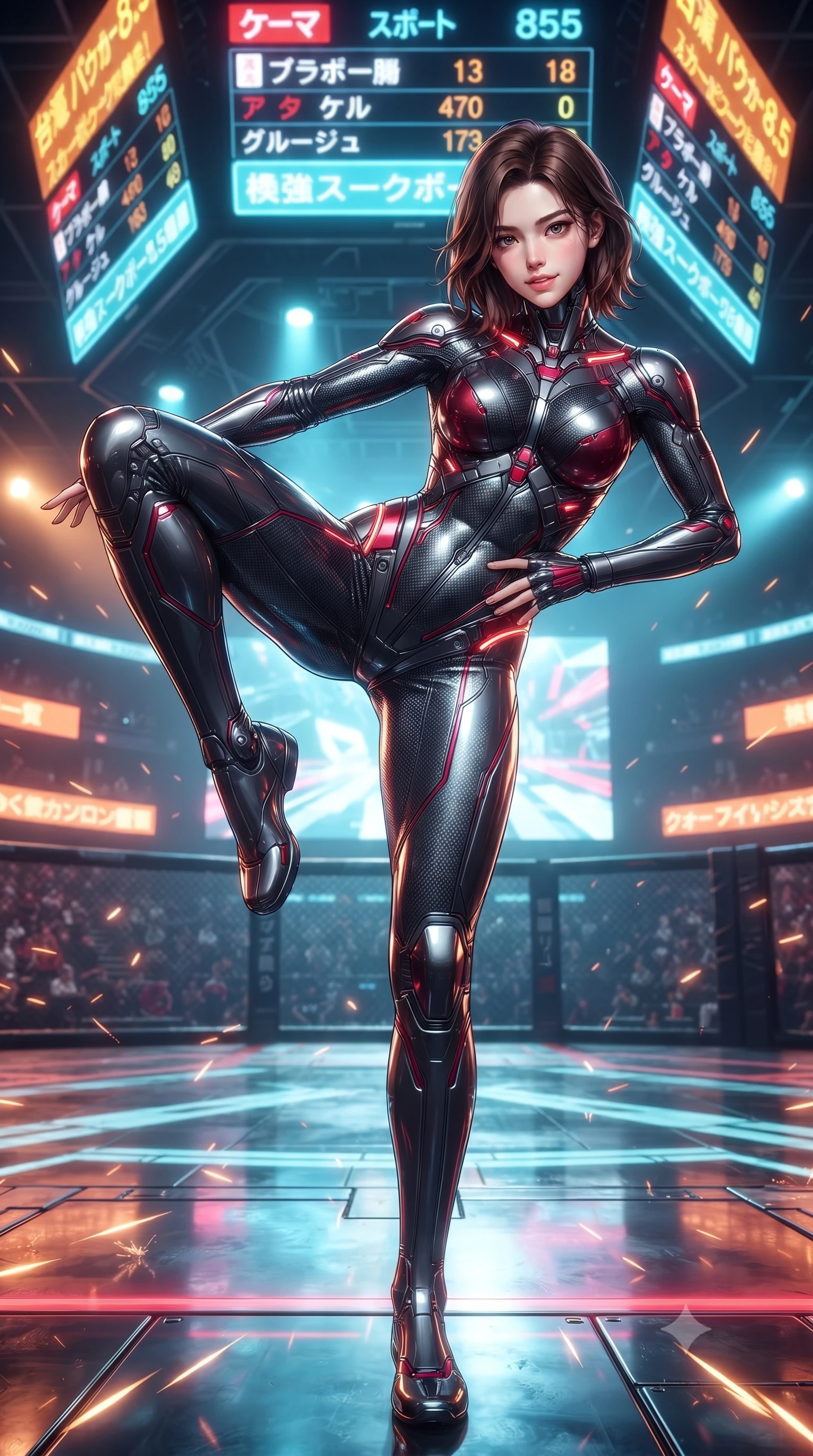 score_9, masterpiece, best quality, ultra-detailed, high-budget anime keyframe, editorial fashion photography, tasteful artistic composition, Korean woman. low angle full-body shot from head to toe showing her feet, filling the entire 9:16 vertical frame with her statuesque presence, stretching her vertical silhouette. pivoting dynamically in a high-speed low sweep kick along the reflective floor, her athletic torso and ultra-slim waist twisting in a fluid arc of power while resting one hand on her hip with a fearless, captivating battle smile as giant holographic arena scoreboards flash overhead. The surrounding environment is rendered in vivid detail and crisp panoramic clarity. high-contrast cyberpunk sports chiaroscuro and raw kinetic energy captured with environmental precision. She has an absolutely perfect, statuesque 8.5-heads proportion, an exceptionally tall and slender model-like female figure with impossibly long slender legs, a toned flat midriff, and an ultra-slim waist. sharp v-shaped jawline, high-bridge nose, intricate jewel-like eyes with depth, thick eyelashes, glossy lips with a natural sheen, flawlessly proportioned anatomical accuracy, strict slender model proportions, natural body alignment, perfectly sculpted long slender limbs, ultra-slim waistline, clean dynamic posture without body distortion. wearing a second-skin dark gunmetal carbon-weave battle-suit with crimson laser conduits and high-frequency knuckle strike plates in deep crimson carbon weave with specular dark chrome accents, formed from high-gloss patent carbon-plating with specular chiaroscuro reflections, accented with glowing fiber-optic conduits tracing her collarbones and hip curves, the sleek second-skin cut tightly hugging her graceful clavicle, narrow waist, and feminine curves with athletic precision. bathed in vivid high-contrast amber and cyan arena floodlights with electric friction spark glints. ultra-reflective glossy finish, specular highlights, dark metallic sheen, high-contrast stereoscopic depth, volumetric dynamic lighting, 2k, ultra detail, master piece, 9:16 ratio