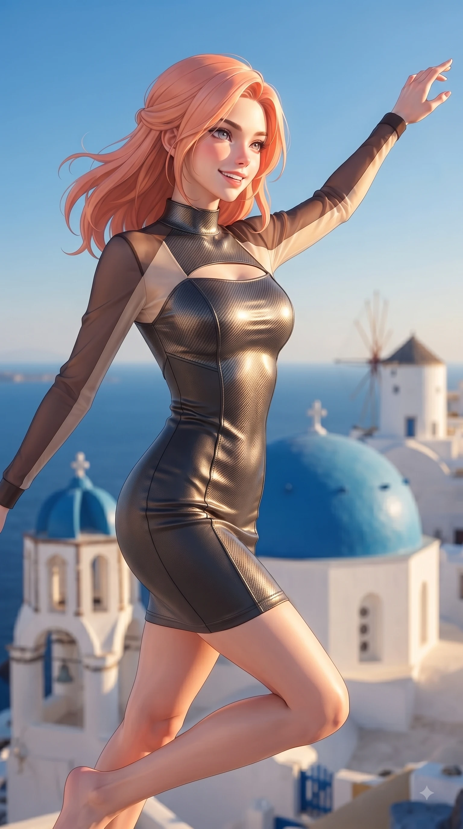 score_9, masterpiece, best quality, ultra-detailed, high-budget anime keyframe, editorial fashion photography, tasteful artistic composition, Japanese woman. close-up cowboy shot from the waist and thighs up, the character dominates the composition, filling the frame with her large presence, background elements kept in soft focus. Extending one arm in an elegant stretch toward the sun while smiling with vibrant, magnetic self-assurance while leaping playfully with a bright smile in front of iconic blue-domed churches and white windmills, pristine white stone architecture contrasting brilliantly with deep azure sea and blue skies. She has an exceptionally elegant, slender, and willowy female figure with an ultra-slim waist, a gracefully sculpted slender torso, and a refined silhouette. sharp v-shaped jawline, high-bridge nose, intricate jewel-like eyes with depth, thick eyelashes, glossy lips with a natural sheen, flawlessly proportioned anatomical accuracy, natural body alignment, perfectly sculpted elegant limbs, clean dynamic posture without body distortion. wearing a sleek bodycon knit dress with strategic sheer organza sleeve panels in espresso brown and warm cream, made of fine carbon-fiber weave and soft matte leather, accented with a Tasteful chest slit framing her clavicle gracefully, the sleek second-skin texture accentuating her magnetic presence. illuminated by warm golden sunlight with soft terracotta ambient fill. ultra-reflective glossy finish, specular highlights, metallic sheen, high-contrast stereoscopic depth, volumetric dynamic lighting, 2k, ultra detail, master piece, 9:16 ratio