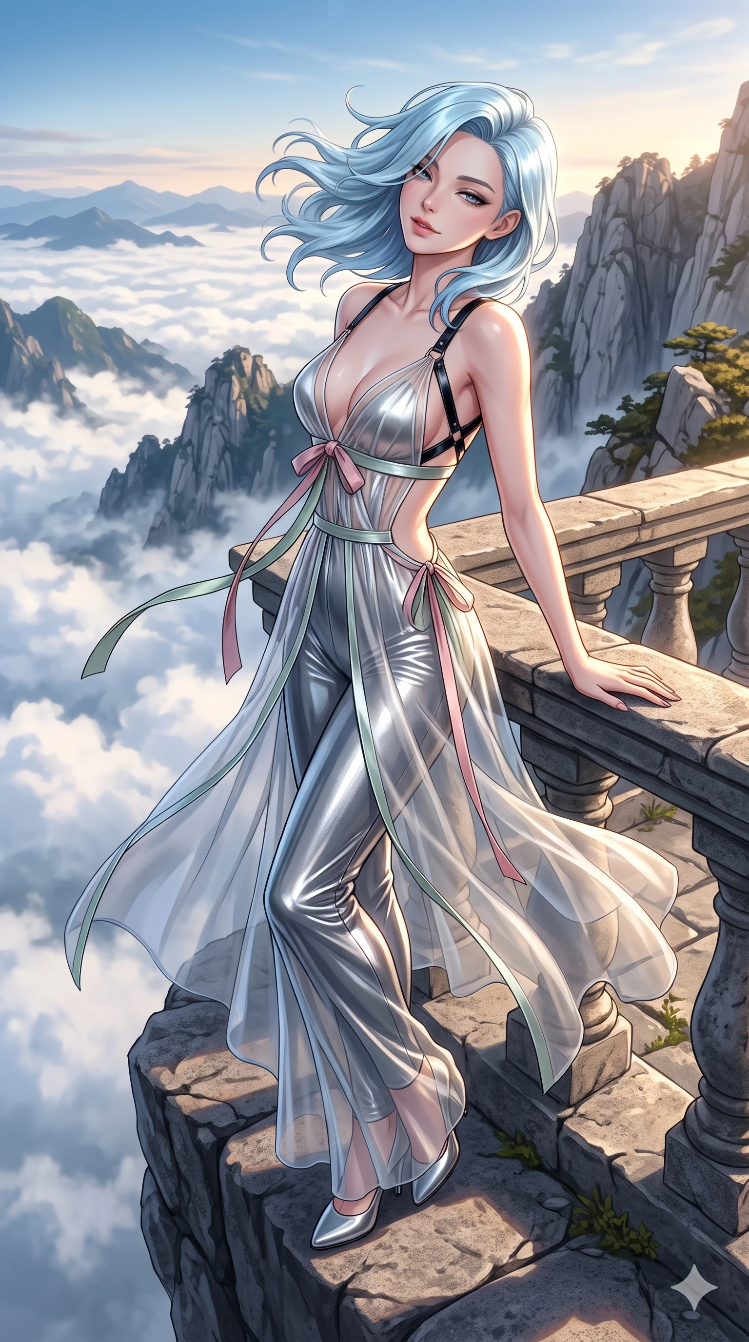 score_9, masterpiece, best quality, ultra-detailed, high-budget anime keyframe, semi-realistic 3D game render, editorial fashion photography, tasteful artistic composition, Korean woman. close-up cowboy shot from the waist and thighs up, the character dominates the composition, filling the frame with her large presence. leaning back against the balustrade with relaxed seductive grace, head tilted back slightly while casting a hypnotic, heavy-lidded gaze while standing tall on the outer granite precipice, arching her spine with sovereign supermodel grace as mountain gales whip through her hair. The surrounding environment is rendered in vivid detail and crisp panoramic clarity: detailed liquid metallic lamé plunge jumpsuit cling, side cutouts, and pristine mountain geology in razor-sharp clarity. She has an exceptionally elegant, slender, and willowy female figure with an ultra-slim waist, flat toned midriff, narrow ribcage, and sculpted feminine hips creating an alluring, slim hourglass silhouette without bulk. sharp v-shaped jawline, high-bridge nose, sparkling eyes with hypnotic seductive depth, thick curled eyelashes, glossy parted lips with a natural dewy peach sheen, alluring bedroom-eyes with an enchanting coquettish smile, exuding magnetic siren charisma and sophisticated glamour, flawlessly proportioned anatomical accuracy, strict slender model proportions, natural body alignment, perfectly sculpted long slender limbs, ultra-slim waistline, clean dynamic posture without body distortion. wearing a plunge-front sheer illusion tulle slip dress with liquid platinum ribbon stripes and silk otgoreum ties hugging her curves in soft lotus rose and morning dew sage green, made of delicate semi-sheer nobang silk organza that drapes softly against skin with airy translucence, featuring an open-back criss-cross harness strap in patent black leather, the impeccably tailored cut draping gracefully along her slender figure with aristocratic eastern poise. illuminated by cloud sea upward bounce and sharp silver-topaz rim lights defining her razor-sharp jawline, narrow waist, and curvy hips. highly saturated vibrant anime colors, detailed shading with soft gradients, rich glossy textures, high-contrast stereoscopic depth, volumetric dynamic lighting, master piece, 9:16 ratio