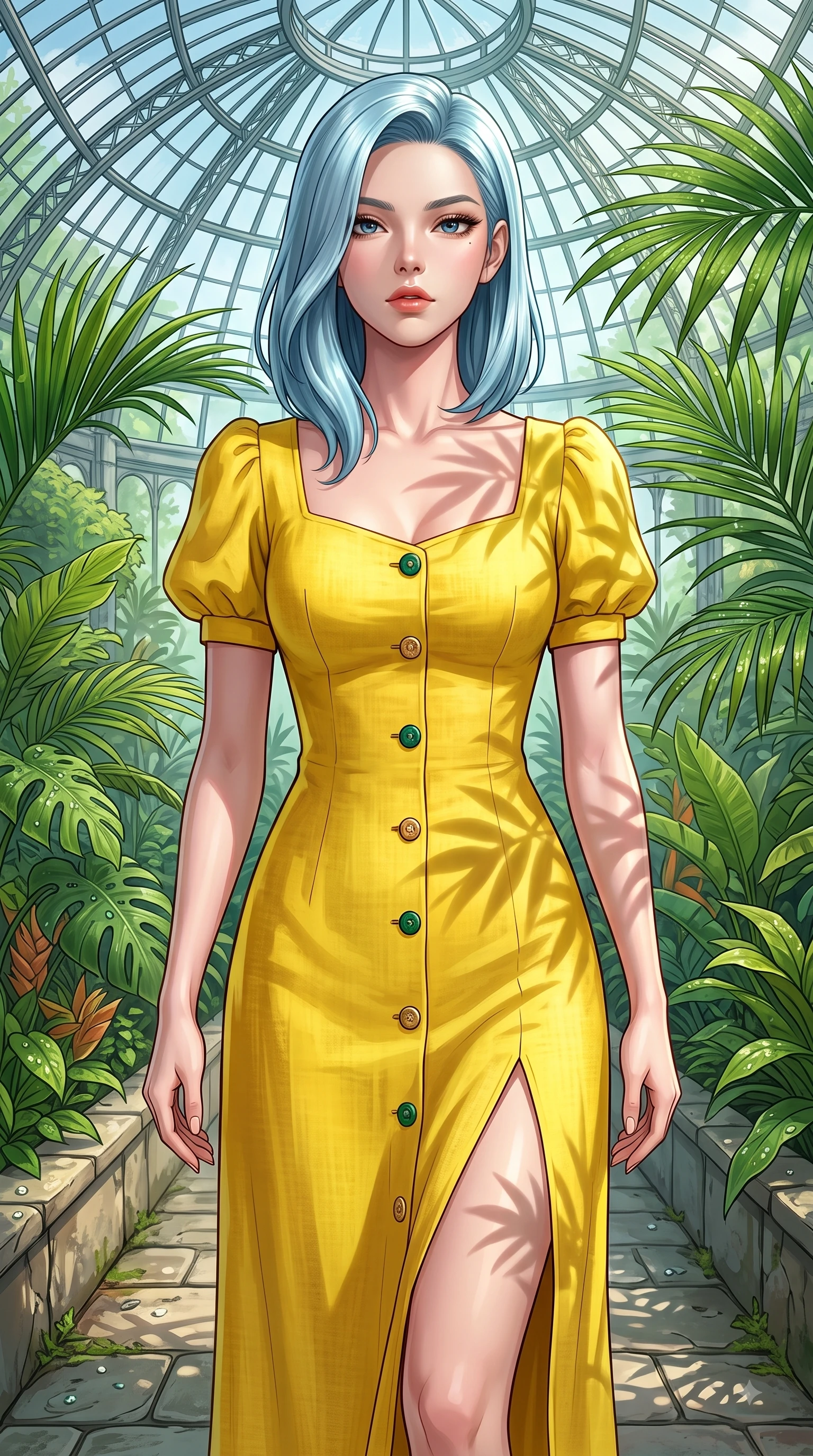 score_9, masterpiece, best quality, ultra-detailed, high-budget anime keyframe, editorial fashion photography, tasteful artistic composition, Korean woman. close-up cowboy shot from the waist and thighs up, the character dominates the composition, filling the frame with her large presence. Haughty, chic expression with a poised chin-tilt and an aloof, magnetic gaze commanding attention while stepping along a stone greenhouse aisle surrounded by vibrant tropical foliage. The surrounding environment is rendered in vivid detail and crisp panoramic clarity. intricate glasshouse steel dome architecture, tropical plant leaf textures, and dewdrop details in crisp resolution. She has an exceptionally elegant, slender, and willowy female figure with an ultra-slim waist, a gracefully sculpted slender torso, and a refined silhouette. sharp v-shaped jawline, high-bridge nose, intricate jewel-like eyes with depth, thick eyelashes, glossy lips with a natural sheen, flawlessly proportioned anatomical accuracy, natural body alignment, perfectly sculpted elegant limbs, clean dynamic posture without body distortion. wearing a bright canary yellow cotton sundress with short puff sleeves and wooden buttons in deep emerald green and champagne gold, crafted from soft breathable Italian linen, finished with a sleek side slit ascending to mid-thigh, the chic fashion cut framing her graceful clavicle and slender torso. illuminated by fresh botanical ambient glow with organic leaf stencil shadows. highly saturated vibrant anime colors, detailed shading with soft gradients, rich glossy textures, high-contrast stereoscopic depth, volumetric dynamic lighting, master piece, 9:16 ratio