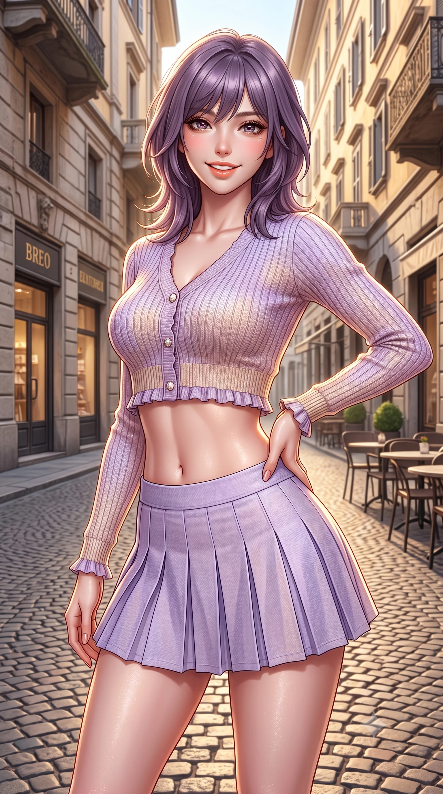 score_9, masterpiece, best quality, ultra-detailed, high-budget anime keyframe, semi-realistic 3D game render, editorial fashion photography, tasteful artistic composition, Japanese woman. close-up cowboy shot from the waist and thighs up, the character dominates the composition, filling the frame with her large presence. twisting her slender torso in an alluring contrapposto stance, one hand resting on her sculpted hip while flashing a radiant, playful smile with parted glossy lips while standing poised on the cobblestone square, twisting her slender torso in an alluring S-curve in the warm Italian afternoon light. The surrounding environment is rendered in vivid detail and crisp panoramic clarity. detailed knit top drape, sunlight specular sheen on skin, and Brera street architecture in high resolution. She has an exceptionally elegant, slender, and willowy female figure with an ultra-slim waist, flat toned midriff, narrow ribcage, and sculpted feminine hips creating an alluring, slim hourglass silhouette without bulk. sharp v-shaped jawline, high-bridge nose, intricate jewel-like sparkling eyes with depth, thick eyelashes, glossy parted lips with a natural peach sheen, bright cheerful beaming smile with an enchanting and coquettish sensual glint, exuding both youthful cute charm and seductive allure, flawlessly proportioned anatomical accuracy, strict slender model proportions, natural body alignment, perfectly sculpted long slender limbs, ultra-slim waistline, clean dynamic posture without body distortion. wearing a cropped pastel ribbed knit cardigan paired with an ultra-short high-waisted pleated tennis skirt clinging tightly to her curvy hips in soft lilac and champagne shimmer, crafted from soft breathable linen with effortless natural drape, finished with subtle ruffle trims and delicate pearl buttons, the liquid-tight tailored fabric clinging flawlessly to her narrow waist and rounded feminine hips, emphasizing every millimeter of her sculpted slim hourglass curves without any bulky heaviness. illuminated by crisp directional highlights accentuating her sculpted midriff, narrow waist, and curvy hips. highly saturated vibrant anime colors, detailed shading with soft gradients, rich glossy textures, high-contrast stereoscopic depth, volumetric dynamic lighting, master piece, 9:16 ratio
