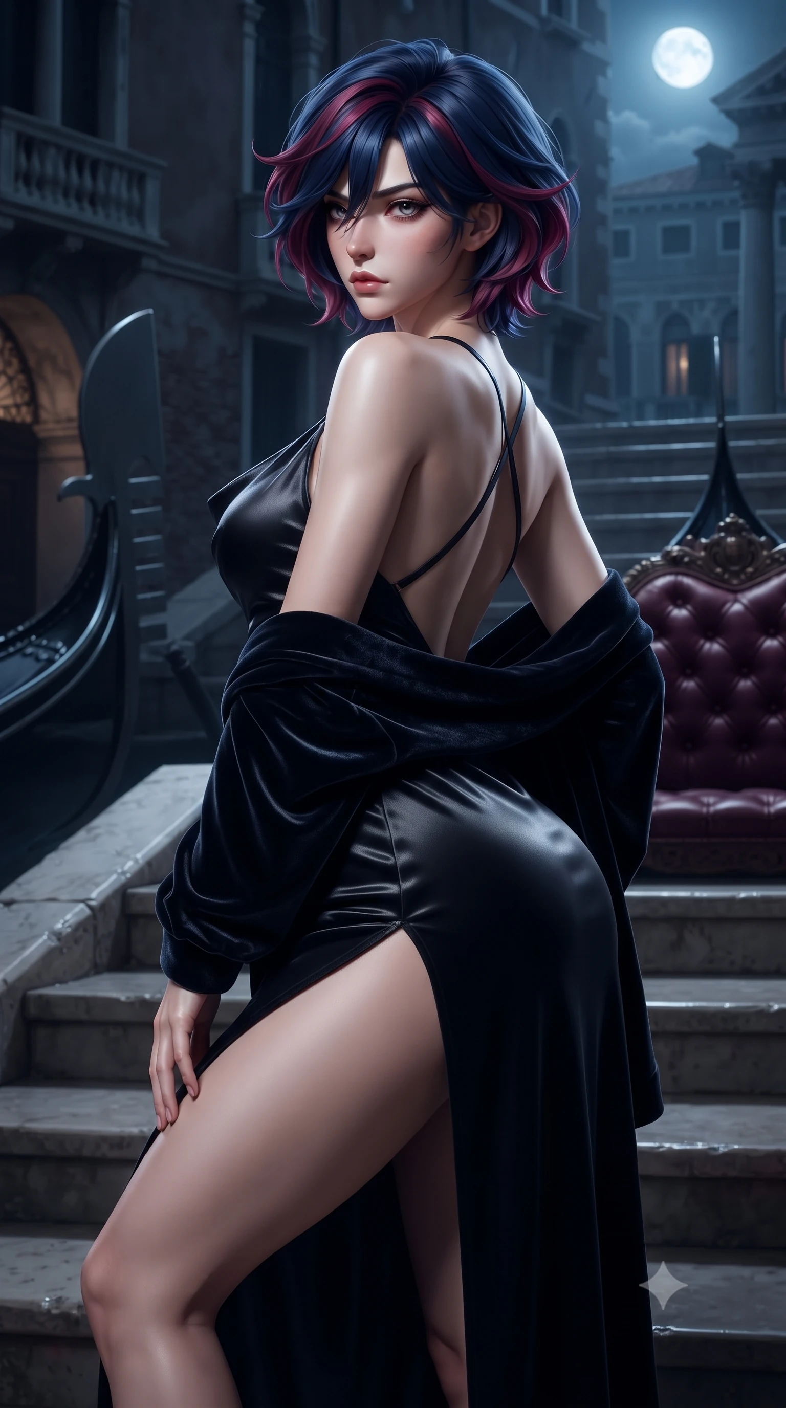 score_9, masterpiece, best quality, ultra-detailed, high-budget anime keyframe, editorial fashion photography, tasteful artistic composition, Korean woman. close-up cowboy shot from the waist and thighs up, the character dominates the composition, filling the frame with her large presence. twisting her slender torso in a deep contrapposto stance, hips dramatically shifted to accentuate her feminine curves while looking past her shoulder with smoldering bedroom-eyes while gliding down the grand palace water steps with supermodel poise, her liquid dress clinging to her narrow waist and rounded hips in the moonlight. The surrounding environment is rendered in vivid detail and crisp panoramic clarity. sharp carved baroque gondola prow details, velvet cushion tufting, and damp marble masonry in deep focus. She has an exceptionally elegant, slender, and willowy female figure with an ultra-slim waist, flat toned midriff, narrow ribcage, and sculpted feminine hips creating an alluring, slim hourglass silhouette without bulk. sharp v-shaped jawline, high-bridge nose, intricate jewel-like eyes with depth, thick eyelashes, glossy parted lips with a natural sheen, intensely captivating and seductive bedroom-eyes expression, flawlessly proportioned anatomical accuracy, strict slender model proportions, natural body alignment, perfectly sculpted long slender limbs, ultra-slim waistline, clean dynamic posture without body distortion. wearing a backless cowl-neck satin slip dress featuring high-cut side hip slits and delicate criss-cross back straps in pitch-black velvet with diamond crystal trim, crafted from second-skin supple lambskin leather with liquid drape, complemented by a plush velvet shawl draped loosely over her elbows, the second-skin form-contouring cut accentuating her sculpted flat midriff, narrow delicate ribcage, and gracefully curvy hips with supermodel precision. illuminated by crisp specular highlights defining her slender neckline, ultra-slim waist, and curvy hips. ultra-reflective glossy finish, specular highlights, rich textural contrasts, high-contrast stereoscopic depth, volumetric dynamic lighting, 2k, ultra detail, master piece, 9:16 ratio