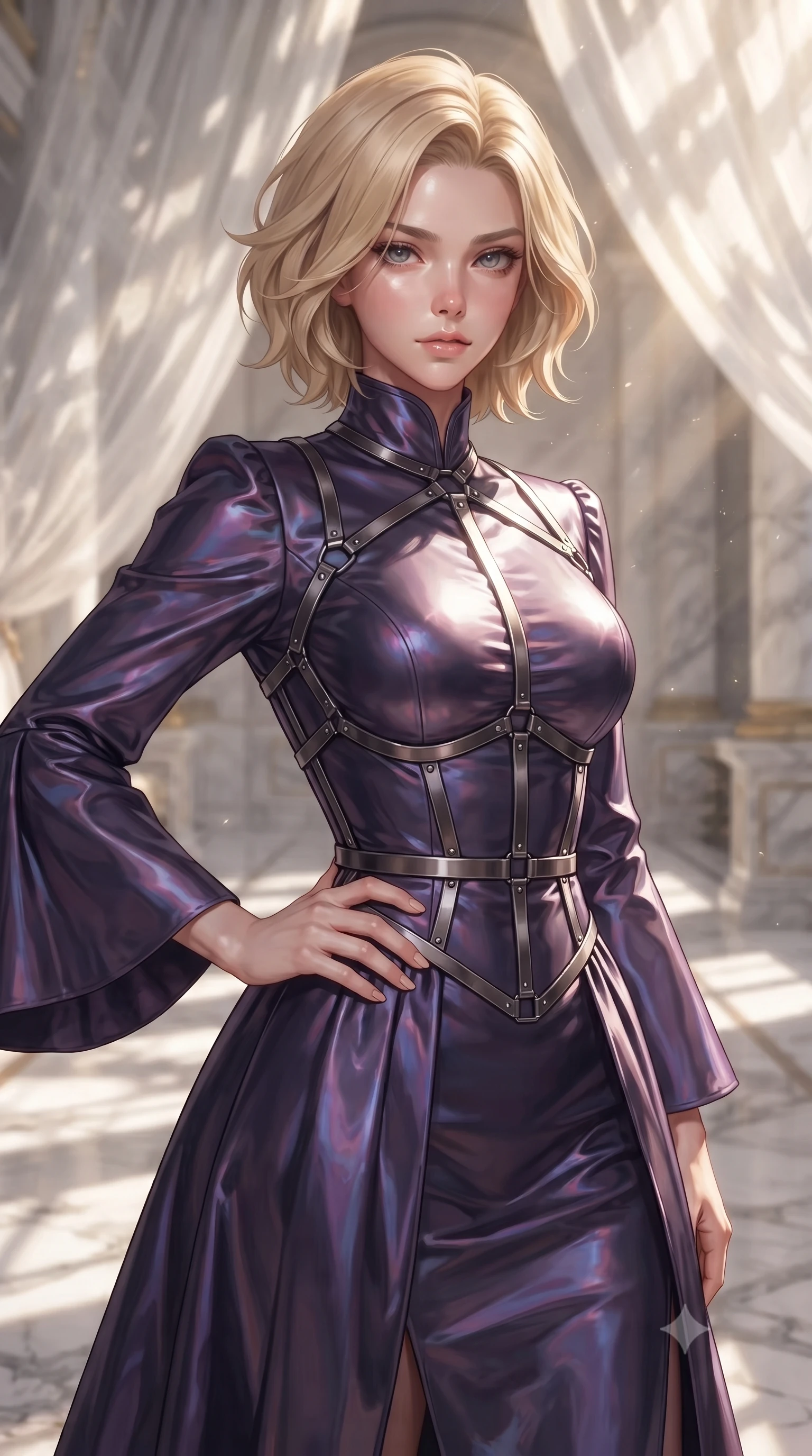 score_9, masterpiece, best quality, ultra-detailed, high-budget anime keyframe, editorial fashion photography, tasteful artistic composition, Caucasian woman. close-up cowboy shot from the waist and thighs up, the character dominates the composition, filling the frame with her large presence, background elements kept in soft focus. Holding a confident power pose with one hand on her hip, standing in a private sun-drenched marble solarium under a wavering sheer canopy, dewy natural skin glow under bright sun-drenched lighting. She has an exceptionally elegant, slender, and willowy female figure with an ultra-slim waist, a gracefully sculpted slender torso, and a refined silhouette. sharp v-shaped jawline, high-bridge nose, intricate jewel-like eyes with depth, thick eyelashes, glossy lips with a natural sheen. wearing gothic high-collar dark plum silk evening gown with bell sleeves in dark plum violet, made of iridescent dark violet taffeta, highlighted by a gunmetal metallic harness structure, following her slender form with tailored precision. illuminated by bright natural key rays and soft ambient fill light. ultra-reflective glossy finish, specular highlights, metallic sheen, high-contrast stereoscopic depth, volumetric dynamic lighting, 2k, ultra detail, master piece, 9:16 ratio