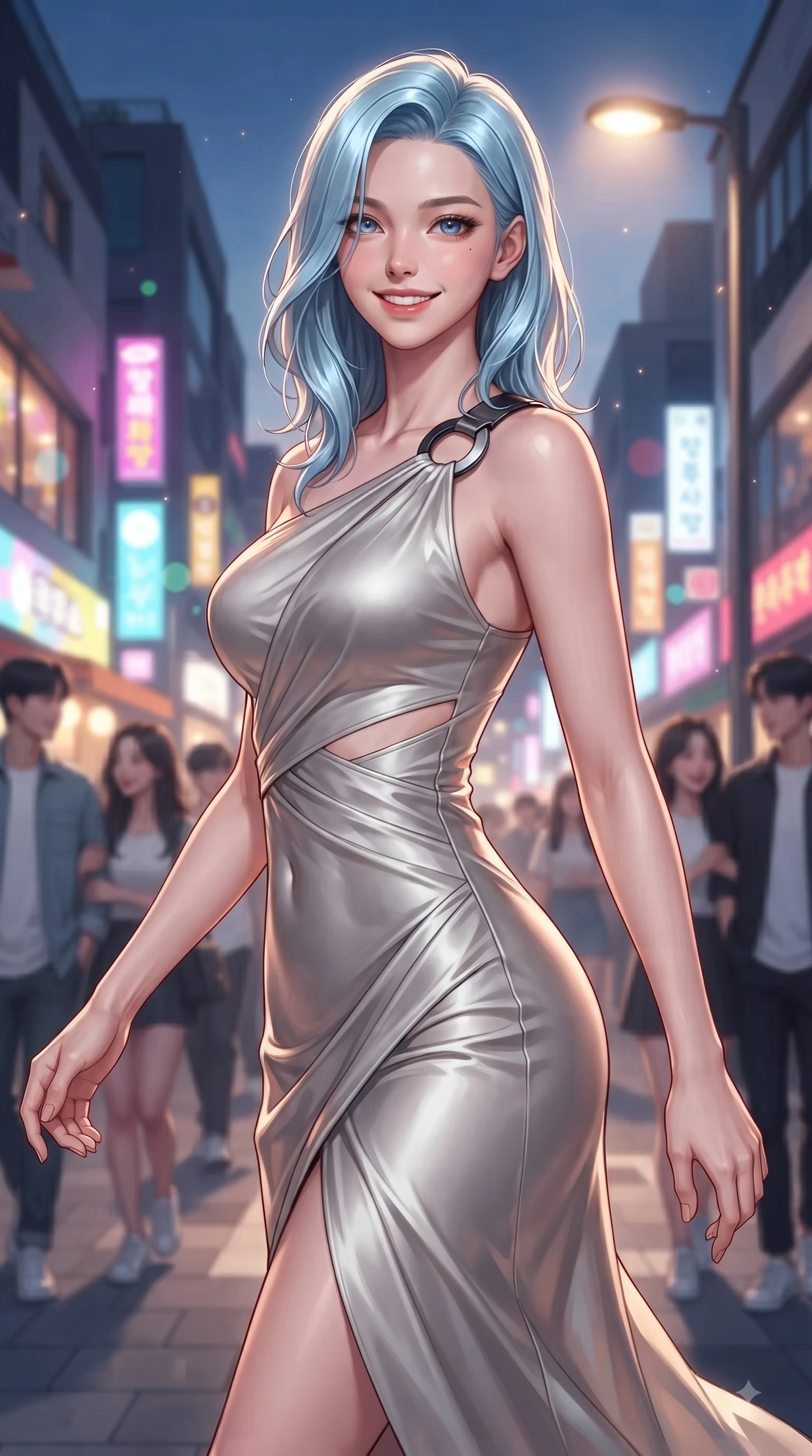 score_9, masterpiece, best quality, ultra-detailed, high-budget anime keyframe, editorial fashion photography, tasteful artistic composition, Korean woman. close-up cowboy shot from the waist and thighs up, the character dominates the composition, filling the frame with her large presence, background elements kept in soft focus. Gazing directly into the camera with a fresh, infectious smile as her torso curves dynamically in mid-stride while pivoting in a stylish stride under neon shop signs as urban sunbeams illuminate her cute smile, young stylish crowds and chic architecture creating a lively college town atmosphere. She has an exceptionally elegant, slender, and willowy female figure with an ultra-slim waist, a gracefully sculpted slender torso, and a refined silhouette. sharp v-shaped jawline, high-bridge nose, intricate jewel-like eyes with depth, thick eyelashes, glossy lips with a natural sheen, flawlessly proportioned anatomical accuracy, natural body alignment, perfectly sculpted elegant limbs, clean dynamic posture without body distortion. wearing an asymmetrical Grecian draped chiffon gown with a metallic shoulder ring in matte black and polished silver, crafted from lustrous satin jersey with fluid draping, featuring subtle geometric cutouts that highlight her ultra-slim midriff, the tailored fabric tightly following every curve of her athletic build. surrounded by a lively, trendy street aura with rich specular highlights. ultra-reflective glossy finish, specular highlights, metallic sheen, high-contrast stereoscopic depth, volumetric dynamic lighting, 2k, ultra detail, master piece, 9:16 ratio