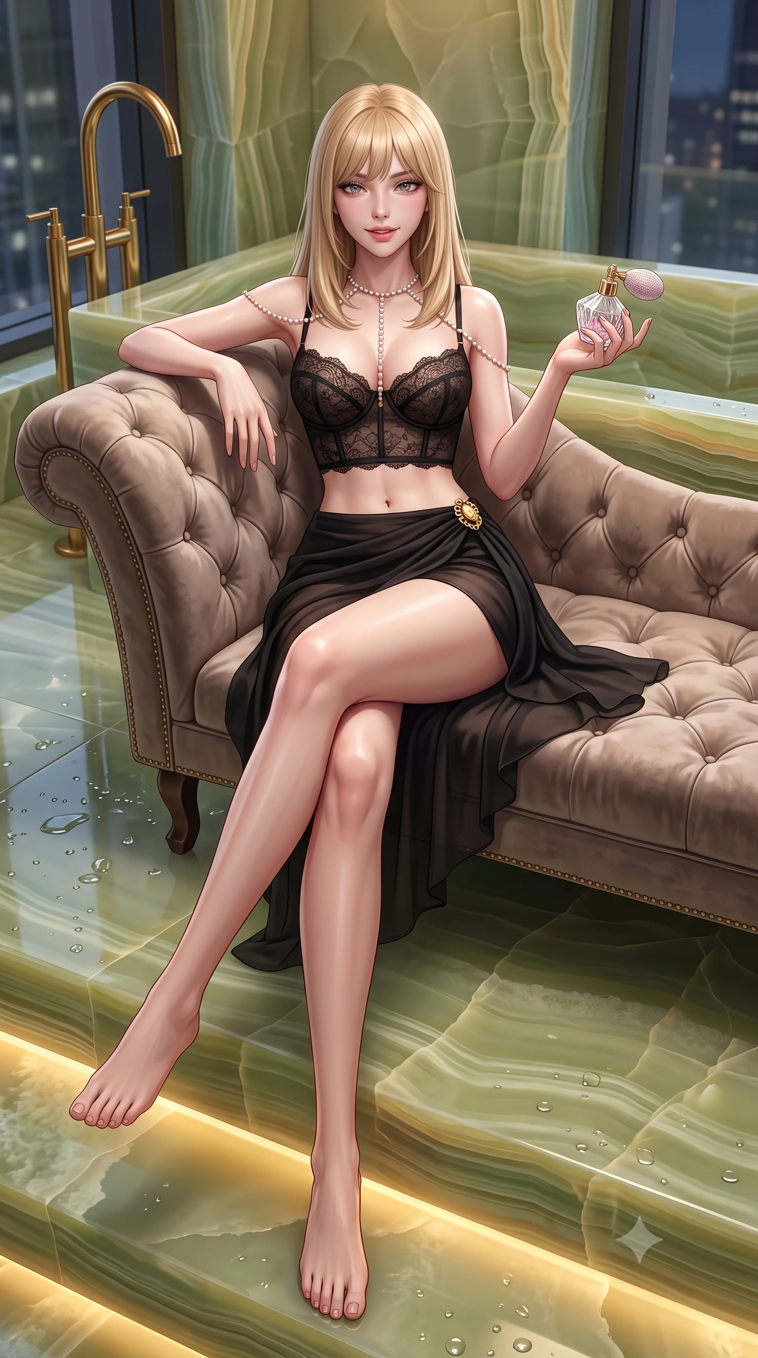 score_9, masterpiece, best quality, ultra-detailed, high-budget anime keyframe, semi-realistic 3D game render, editorial fashion photography, tasteful artistic composition, Japanese woman. low angle full-body shot from head to toe showing her feet, filling the entire 9:16 vertical frame with her statuesque presence, stretching her vertical silhouette. reclining gracefully across the plush chaise lounge with one leg extended, her sculpted silhouette and flat midriff radiating magnetic nocturnal glamour while sitting perched on the wide stepped onyx platform with legs crossed, holding a crystal perfume atomizer with an enchanting, parted-lip smile. The surrounding environment is rendered in vivid detail and crisp panoramic clarity: sharp translucent banding in green onyx stone, polished brass gooseneck bath fixtures, and water droplets on stone in deep focus. She has an absolutely perfect, statuesque 8.5-heads proportion, an exceptionally tall and slender model-like female figure with impossibly long slender legs, an ultra-slim waist, a flat toned midriff, narrow delicate ribcage, and beautifully sculpted feminine hips creating a graceful, slim hourglass silhouette without any bulky heaviness. sharp v-shaped jawline, high-bridge nose, sparkling eyes with hypnotic seductive depth, thick curled eyelashes, glossy parted lips with a natural dewy peach sheen, alluring bedroom-eyes with an enchanting coquettish smile, exuding magnetic siren charisma and sophisticated glamour, flawlessly proportioned anatomical accuracy, strict slender model proportions, natural body alignment, perfectly sculpted long slender limbs, ultra-slim waistline, clean dynamic posture without body distortion. wearing a delicate French lace underwire bustier paired with a draped sheer chiffon wrap mini skirt and gold hip brooch in Shanghai Art Deco black and polished brass gold, tailored from ultra-plush velvet with rich tactile depth and deep shadow gradients, accented with a pearl-drop body harness subtly framing her dewy collarbones and spine, the second-skin tailored fabric adhering flawlessly to her sculpted flat midriff and slender torso, emphasizing her long leg lines and perfectly proportioned willowy build. bathed in soft 2700K concealed warm LED cove lighting beneath the stepped onyx platform mixed with exterior city ambient fill. highly saturated vibrant anime colors, detailed shading with soft gradients, rich glossy textures, high-contrast stereoscopic depth, volumetric dynamic lighting, master piece, 9:16 ratio