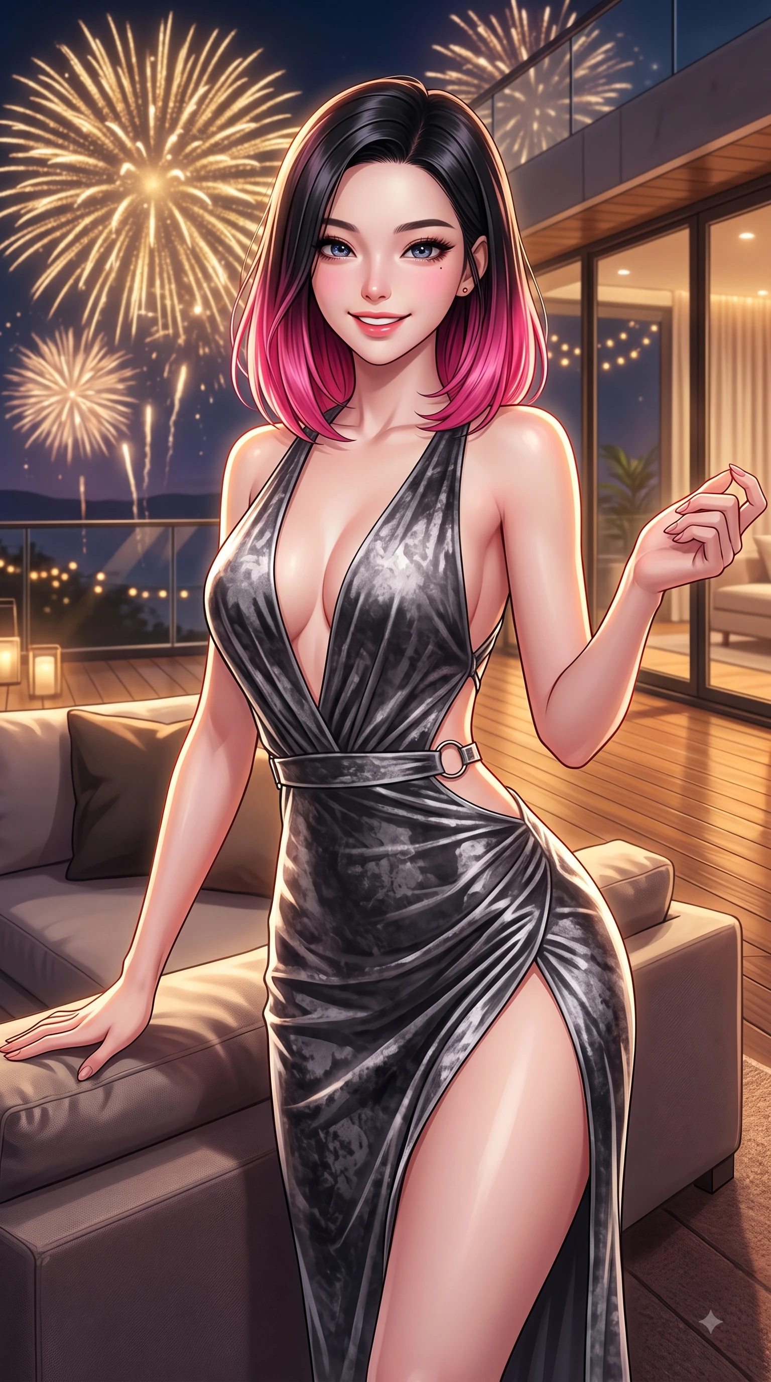 score_9, masterpiece, best quality, ultra-detailed, high-budget anime keyframe, editorial fashion photography, tasteful artistic composition, Korean woman. close-up cowboy shot from the waist and thighs up, the character dominates the composition, filling the frame with her large presence, background elements kept in soft focus. Enchanting happy smile, her eyes twinkling like jewels in the bright sunlight as one arm reaches out playfully while resting happily against a plush lounge sofa as golden fireworks burst in the night sky, sleek glass and wood terrace textures reflecting warm party light beams. She has an exceptionally elegant, slender, and willowy female figure with an ultra-slim waist, a gracefully sculpted slender torso, and a refined silhouette. sharp v-shaped jawline, high-bridge nose, intricate jewel-like eyes with depth, thick eyelashes, glossy lips with a natural sheen, flawlessly proportioned anatomical accuracy, natural body alignment, perfectly sculpted elegant limbs, clean dynamic posture without body distortion. wearing a backless crushed velvet gown with a deep V-neckline and high thigh slit in charcoal grey and platinum, woven from fine semi-opaque sheer organza, accented with delicate chrome ring hardware framing her waist, the tailored fabric tightly following every curve of her athletic build. bathed in festive firework explosions and warm amber fairy light radiance. highly saturated vibrant anime colors, detailed shading with soft gradients, rich glossy textures, high-contrast stereoscopic depth, volumetric dynamic lighting, master piece, 9:16 ratio