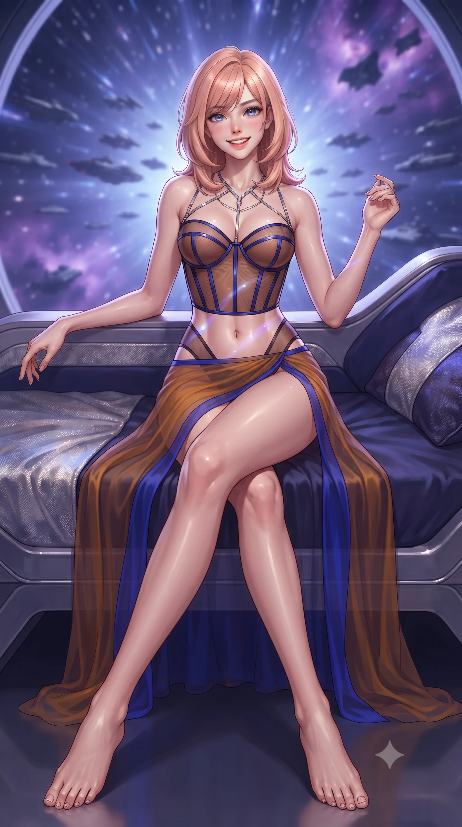 score_9, masterpiece, best quality, ultra-detailed, high-budget anime keyframe, editorial fashion photography, tasteful artistic composition, Japanese woman. low angle full-body shot from head to toe showing her feet, filling the entire 9:16 vertical frame with her statuesque presence, stretching her vertical silhouette. lounging on the lavish daybed with legs crossed and hips angled toward the camera, displaying her toned midriff and long slender limbs with effortless siren poise while twisting her slender torso in an alluring S-curve, indigo warp field distortions and star nebulae casting celestial light ribbons across her flat midriff and hourglass curves. The background shows a soft-focus shimmering indigo hyperspace warp gate vortex, rows of dreadnought formations, and distant purple nebula clouds blurred into indigo, sapphire, and diamond bokeh. She has an exceptionally tall and slender model-like 8.5-heads proportion, an ultra-slim waist, a flat toned midriff, narrow delicate ribcage, and beautifully sculpted feminine hips creating a graceful, slim hourglass silhouette without any bulky heaviness, with impossibly long slender legs. sharp v-shaped jawline, high-bridge nose, intricate jewel-like sparkling eyes with depth, thick eyelashes, glossy parted lips with a natural peach sheen, bright cheerful beaming smile with an enchanting and coquettish sensual glint, exuding both youthful cute charm and seductive allure, flawlessly proportioned anatomical accuracy, strict slender model proportions, natural body alignment, perfectly sculpted long slender limbs, ultra-slim waistline, clean dynamic posture without body distortion. wearing a provocative translucent mesh corset bodice with boned satin channels paired with a sheer chiffon wrap maxi skirt in Jovian storm amber and electric cobalt, featuring strategic sheer-illusion tulle side panels framing her ribcage and hips, accented with a chrome-drop body harness subtly framing her dewy collarbones and spine, the form-contouring silhouette accentuating her sculpted flat midriff, narrow delicate ribcage, and gracefully curvy hips with intoxicating allure. bathed in the mystical indigo luminescence of the hyperspace gate mixed with warm 2800K balcony edge lighting. ultra-reflective glossy finish, specular highlights, rich textural contrasts, high-contrast stereoscopic depth, volumetric dynamic lighting, 2k, ultra detail, master piece, 9:16 ratio