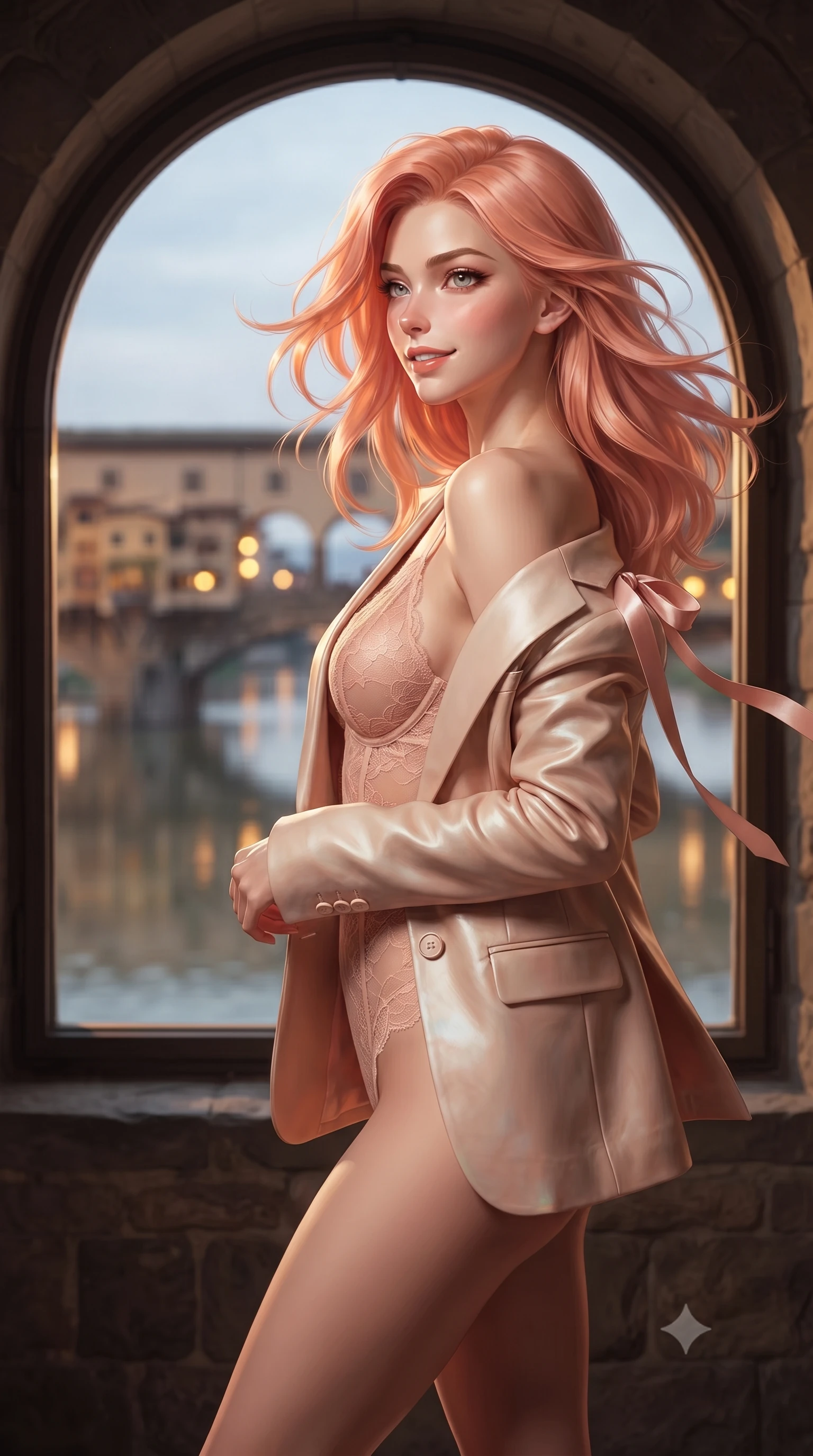 score_9, masterpiece, best quality, ultra-detailed, high-budget anime keyframe, editorial fashion photography, tasteful artistic composition, Japanese woman. close-up cowboy shot from the waist and thighs up, the character dominates the composition, filling the frame with her large presence. turning slowly with an enchanting smoldering smile, her glossy hair tossing in the breeze as her hips angle gracefully in a captivating contrapposto while standing poised inside the secluded historical corridor beside the round arched window directly over the Ponte Vecchio bridge, arching her back with mysterious siren poise. The background shows a soft-focus quaint medieval jewelers' shops overhanging the Arno river, illuminated arches of the Ponte Vecchio, and evening river reflections blurred into topaz, amber, and indigo bokeh. She has an exceptionally elegant, slender, and willowy female figure with an ultra-slim waist, flat toned midriff, narrow ribcage, and sculpted feminine hips creating an alluring, slim hourglass silhouette without bulk. sharp v-shaped jawline, high-bridge nose, intricate jewel-like sparkling eyes with depth, thick eyelashes, glossy parted lips with a natural peach sheen, bright cheerful beaming smile with an enchanting and coquettish sensual glint, exuding both youthful cute charm and seductive allure, flawlessly proportioned anatomical accuracy, strict slender model proportions, natural body alignment, perfectly sculpted long slender limbs, ultra-slim waistline, clean dynamic posture without body distortion. wearing a delicate sheer French Chantilly lace teddy layered under an open tailored tuxedo blazer draped over bare shoulders in North Malé sandbank mother-of-pearl and warm coral blush, woven from buttery-soft stretch lambskin leather adhering to her body like a second skin, finished with satin ribbon ties at the shoulders fluttering in the gentle breeze, the second-skin tailored fabric adhering flawlessly to her sculpted flat midriff and slender torso, emphasizing her long leg lines and perfectly proportioned willowy build. illuminated by window frame reflection bounce and sharp honey-gold rim lights defining her razor-sharp jawline, narrow waist, and curvy hips. ultra-reflective glossy finish, specular highlights, rich textural contrasts, high-contrast stereoscopic depth, volumetric dynamic lighting, 2k, ultra detail, master piece, 9:16 ratio