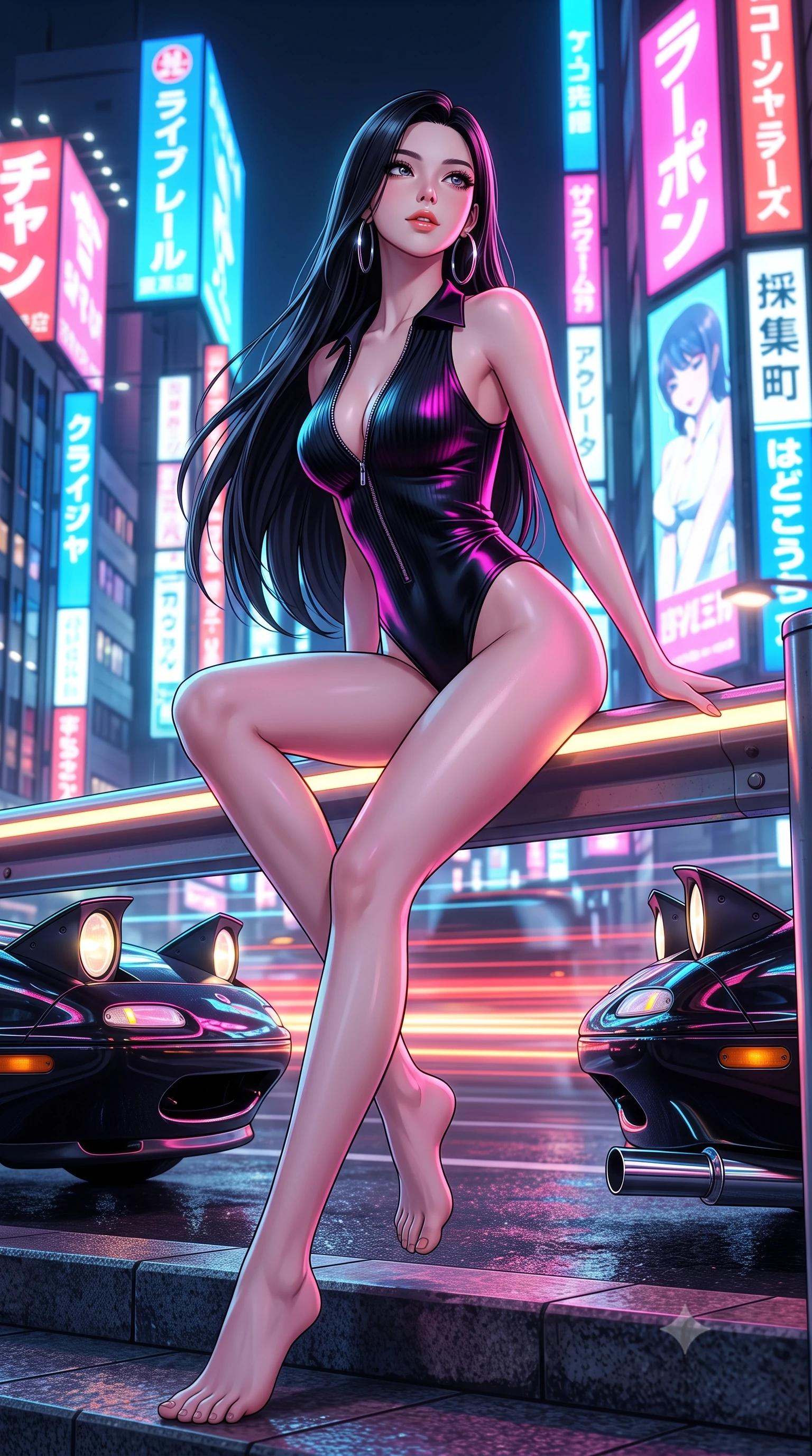 score_9, masterpiece, best quality, ultra-detailed, high-budget anime keyframe, semi-realistic 3D game render, editorial fashion photography, tasteful artistic composition, Korean woman. low angle full-body shot from head to toe showing her feet, filling the entire 9:16 vertical frame with her statuesque presence, stretching her vertical silhouette. sitting poised on the stone steps with one knee bent, arching her spine with supermodel elegance as she glances upward through thick eyelashes while leaning against the illuminated highway safety rail with hips cocked back, looking over a bare shoulder toward roaring traffic trails below. The surrounding environment is rendered in vivid detail and crisp panoramic clarity: sharp retro car pop-up headlight housings, wet asphalt texture, and chrome exhaust pipe gleam in deep focus. She has an absolutely perfect, statuesque 8.5-heads proportion, an exceptionally tall and slender model-like female figure with impossibly long slender legs, an ultra-slim waist, a flat toned midriff, narrow delicate ribcage, and beautifully sculpted feminine hips creating a graceful, slim hourglass silhouette without any bulky heaviness. sharp v-shaped jawline, high-bridge nose, sparkling eyes with hypnotic seductive depth, thick curled eyelashes, glossy parted lips with a natural dewy peach sheen, alluring bedroom-eyes with an enchanting coquettish smile, exuding magnetic siren charisma and sophisticated glamour, flawlessly proportioned anatomical accuracy, strict slender model proportions, natural body alignment, perfectly sculpted long slender limbs, ultra-slim waistline, clean dynamic posture without body distortion. wearing a retro-chic ribbed knit polo bodysuit with a plunging front zipper and high-cut leg openings in wet-look onyx black with electric fuchsia reflections, crafted from fluid liquid silk satin that clings smoothly to every curve with a dewy sheen, accented with oversized polished chrome hoop earrings catching the ambient neon glow, the liquid-tight tailored fabric clinging flawlessly to her narrow waist and rounded feminine hips, emphasizing every millimeter of her sculpted slim hourglass curves without any bulky heaviness. bathed in dynamic dual-tone neon lighting spilling from towering Japanese billboard displays. highly saturated vibrant anime colors, detailed shading with soft gradients, rich glossy textures, high-contrast stereoscopic depth, volumetric dynamic lighting, master piece, 9:16 ratio