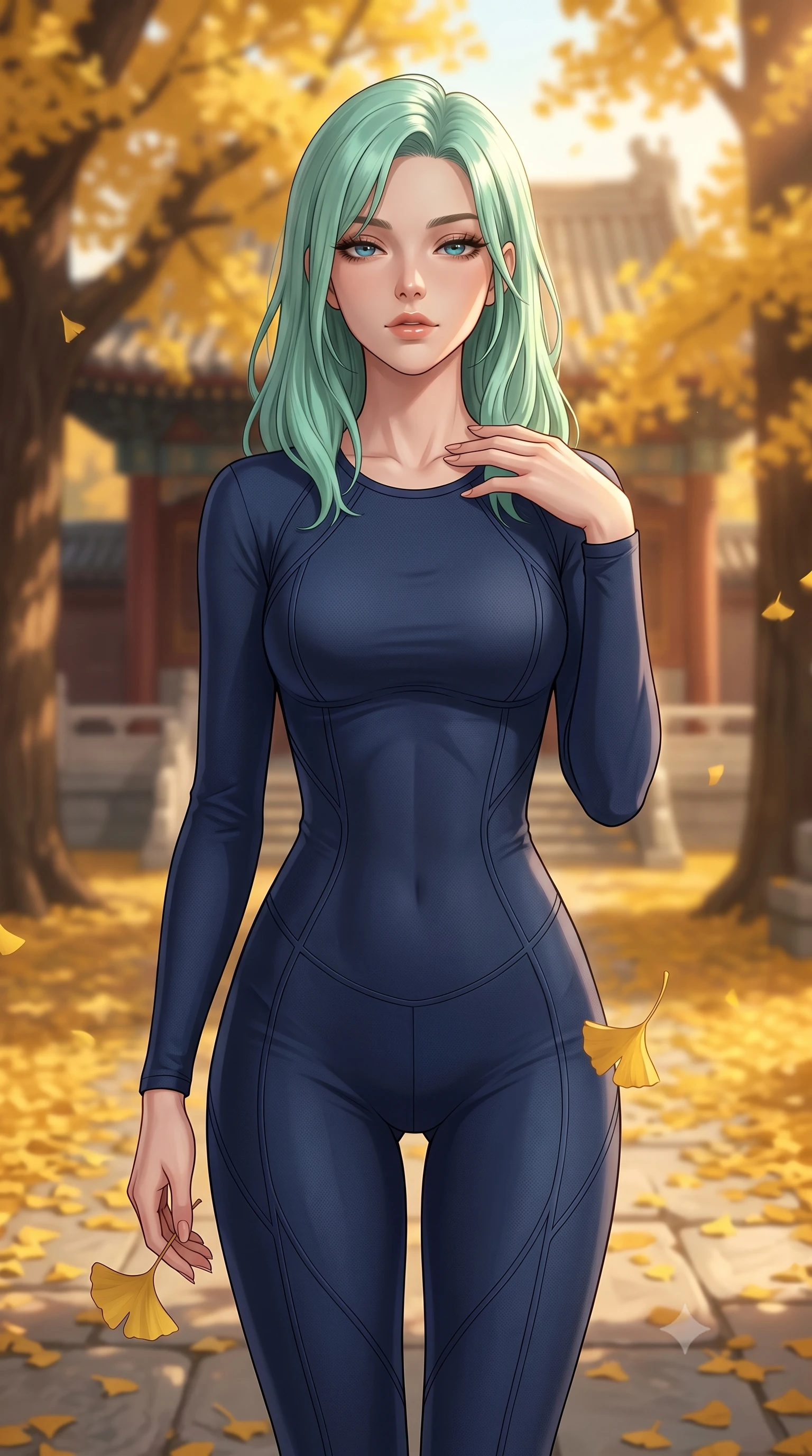 score_9, masterpiece, best quality, ultra-detailed, high-budget anime keyframe, editorial fashion photography, tasteful artistic composition, Japanese woman woman. close-up cowboy shot from the waist and thighs up, the character dominates the composition, filling the frame with her large presence, background elements kept in soft focus. standing with one hand resting on her collarbone, looking at the viewer with bedroom-eyes the background shows a soft-focus a stone courtyard of an old temple filled with golden ginkgo trees and fallen leaves. She has an exceptionally elegant, slender, and willowy female figure with an ultra-slim waist, a gracefully sculpted slender torso, and a refined silhouette. sharp v-shaped jawline, high-bridge nose, intricate jewel-like eyes with depth, thick eyelashes, glossy lips with a natural sheen. wearing a slim-fit body-hugging navy blue activewear jumpsuit with sleek contouring seam lines. warm golden hour afternoon light bathing the courtyard in warmth. 2k, ultra detail, master piece, 9:16 ratio