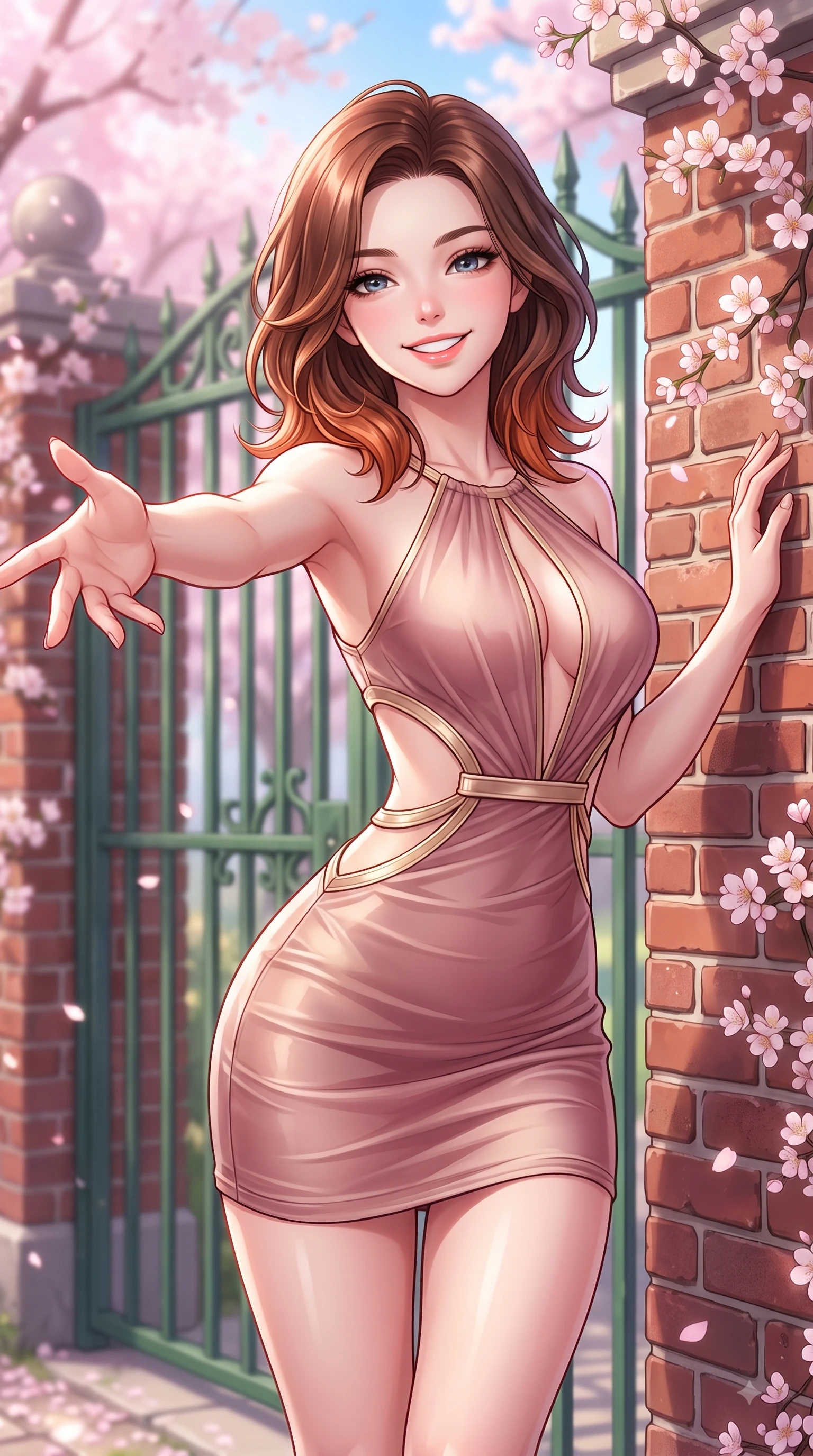 score_9, masterpiece, best quality, ultra-detailed, high-budget anime keyframe, editorial fashion photography, tasteful artistic composition, Korean woman. close-up cowboy shot from the waist and thighs up, the character dominates the composition, filling the frame with her large presence, background elements kept in soft focus. Fresh enchanting smile, her eyes twinkling like jewels in the bright sunlight as one arm reaches out cheerfully while resting against an antique brick school wall covered in spring blossoms with a beaming face, classic red-brick school walls and green iron gates framing a sweet academy scene. She has an exceptionally elegant, slender, and willowy female figure with an ultra-slim waist, a gracefully sculpted slender torso, and a refined silhouette. sharp v-shaped jawline, high-bridge nose, intricate jewel-like eyes with depth, thick eyelashes, glossy lips with a natural sheen, flawlessly proportioned anatomical accuracy, natural body alignment, perfectly sculpted elegant limbs, clean dynamic posture without body distortion. wearing a dramatic open-waist cutout mini dress framed by sculptural hardware in dusty rose and champagne gold, woven from fine semi-opaque sheer organza, accented with a Tasteful chest slit framing her clavicle gracefully, the tailored fabric tightly following every curve of her athletic build. illuminated by soft glowing pink ambient light and clear sky refractions. highly saturated vibrant anime colors, detailed shading with soft gradients, rich glossy textures, high-contrast stereoscopic depth, volumetric dynamic lighting, master piece, 9:16 ratio
