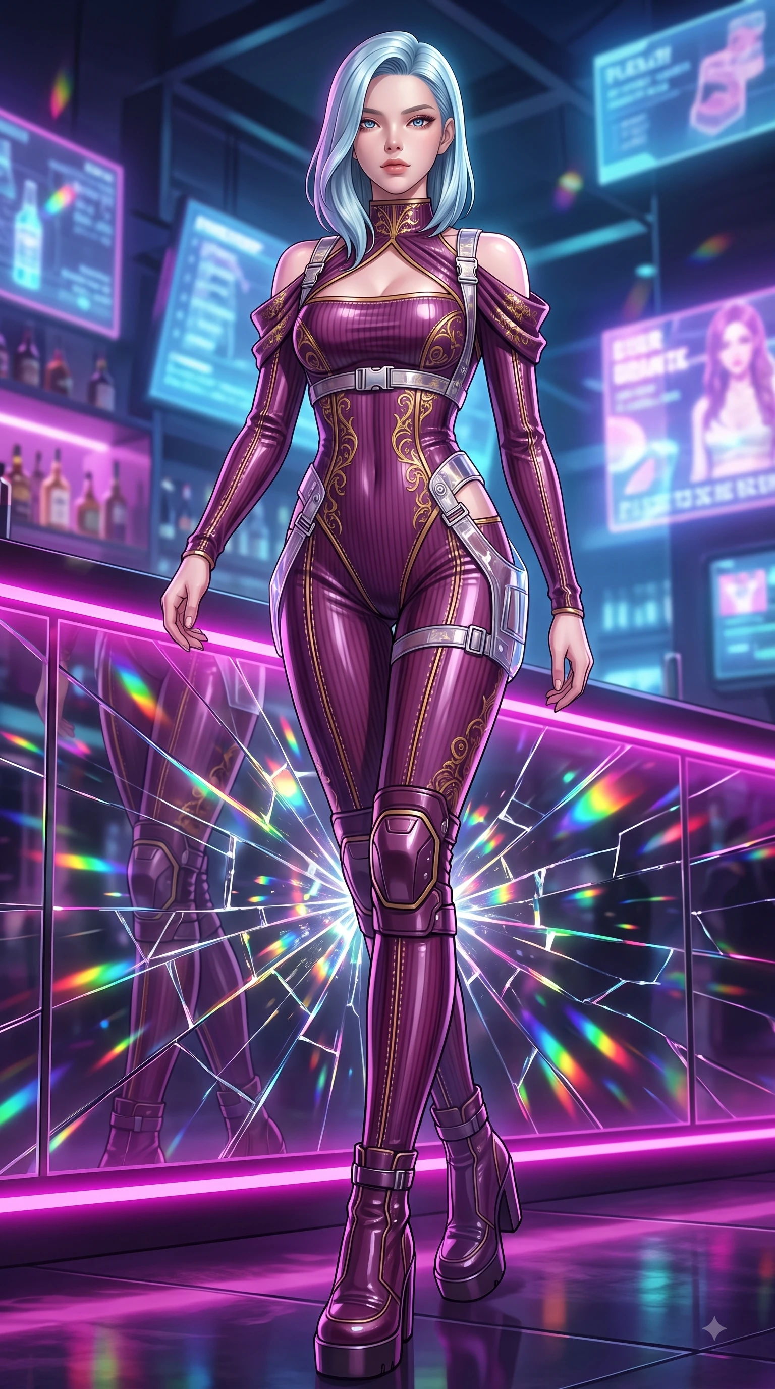 score_9, masterpiece, best quality, ultra-detailed, high-budget anime keyframe, editorial fashion photography, tasteful artistic composition, Korean woman. low angle full-body shot from head to toe showing her feet, filling the entire 9:16 vertical frame with her statuesque presence, stretching her vertical silhouette. stepping forward in a proud dynamic stride with an alluring waist tilt, her vertical silhouette filling the frame while pivoting dynamically in front of a shattered mirror bar as magenta neon reflections trace her curves, shattered mirror bar fragments scattering brilliant rainbow specular highlights. She has an absolutely perfect, statuesque 8.5-heads proportion, an exceptionally tall and slender model-like female figure with impossibly long slender legs and an ultra-slim waist. sharp v-shaped jawline, high-bridge nose, intricate jewel-like eyes with depth, thick eyelashes, glossy lips with a natural sheen, flawlessly proportioned anatomical accuracy, natural body alignment, perfectly sculpted elegant limbs, clean dynamic posture without body distortion. wearing a form-fitting ribbed activewear set with elegant collar cutouts in plum purple and gold filigree, tailored from high-gloss patent leather, detailed with polished silver buckles along the waistline, the elegant draped fit framing her graceful clavicle and slender torso. surrounded by a high-energy, seductive cyberpunk nightlife ambiance. highly saturated vibrant anime colors, detailed shading with soft gradients, rich glossy textures, high-contrast stereoscopic depth, volumetric dynamic lighting, master piece, 9:16 ratio