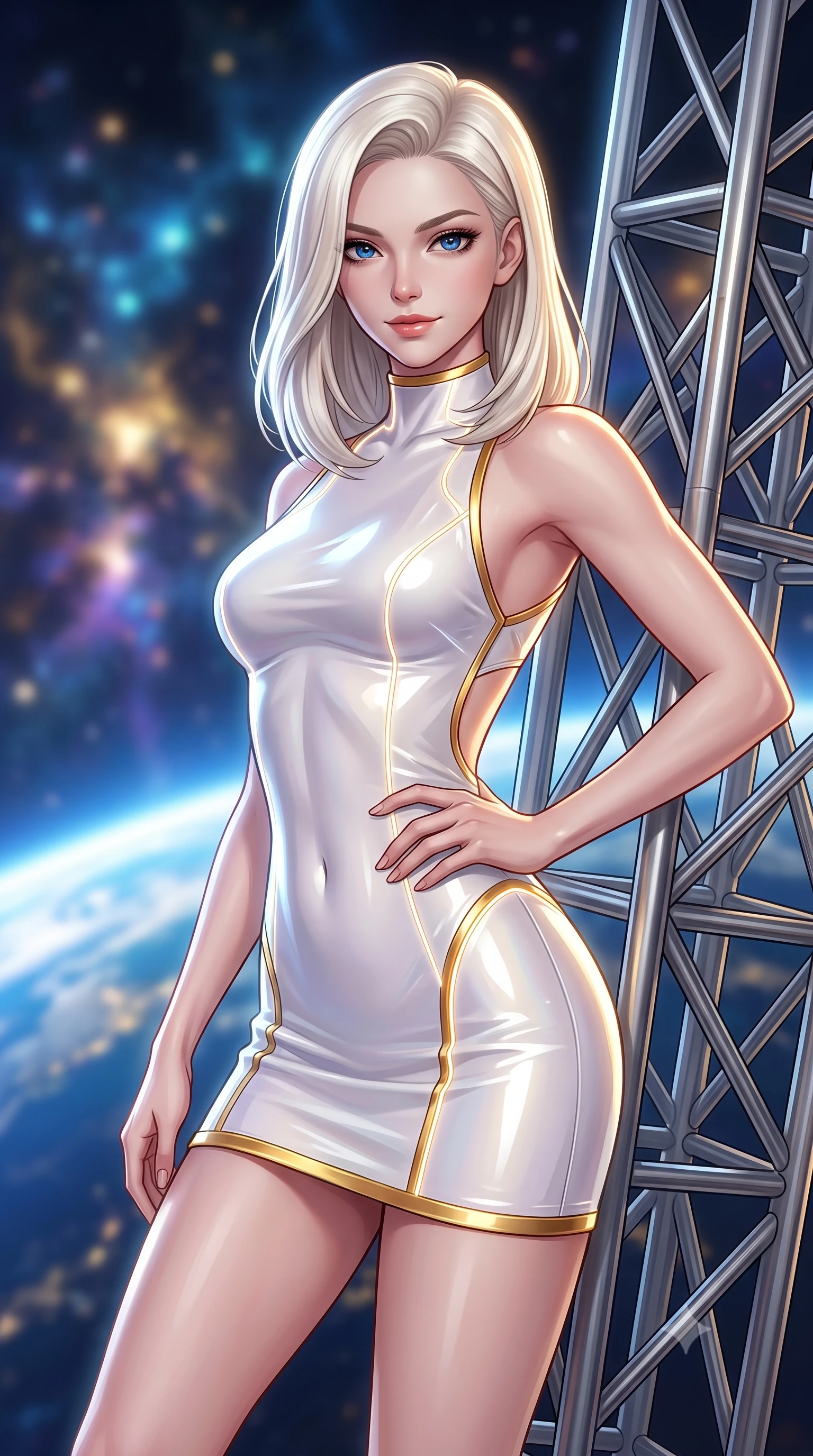 score_9, masterpiece, best quality, ultra-detailed, high-budget anime keyframe, semi-realistic 3D game render, editorial fashion photography, tasteful artistic composition, Caucasian woman. close-up cowboy shot from the waist and thighs up, the character dominates the composition, filling the frame with her large presence. twisting her upper body in a dynamic S-curve with commanding allure, one hand resting on her slender waist with haughty grace while leaning against a structural titanium truss with a confident, celestial smile looking directly into the lens. The composition keeps background elements in soft focus with creamy bokeh. glowing planetary curve of Earth and distant supernova clouds blurred into breathtaking azure, gold, and violet bokeh. She has an exceptionally elegant, slender, and willowy female figure with an ultra-slim waist, a gracefully sculpted slender torso, toned flat midriff, and a refined slim silhouette. sharp v-shaped jawline, high-bridge nose, intricate jewel-like eyes with depth, thick eyelashes, glossy lips with a natural sheen, flawlessly proportioned anatomical accuracy, strict slender model proportions, natural body alignment, perfectly sculpted long slender limbs, ultra-slim waistline, clean dynamic posture without body distortion. wearing a high-gloss lacquer cyber-couture mini dress with an open-back architectural cut and subtle glowing micro-filaments in pristine liquid pearl white and radiant solar gold trim, crafted from delicate iridescent organza interwoven with luminescent micro-fibers, accented with glowing fiber-optic seams tracing her collarbones and hip curves, the liquid-tight tailored fabric emphasizing every curve of her tall, slender model proportions and sculptured silhouette during dynamic movement. illuminated by crisp gold specular highlights sharply defining her ultra-slim waist, long legs, and flat midriff. rich saturated anime colors with glowing neon highlights, detailed shading with soft gradients, rich glossy textures, high-contrast stereoscopic depth, volumetric dynamic lighting, master piece, 9:16 ratio