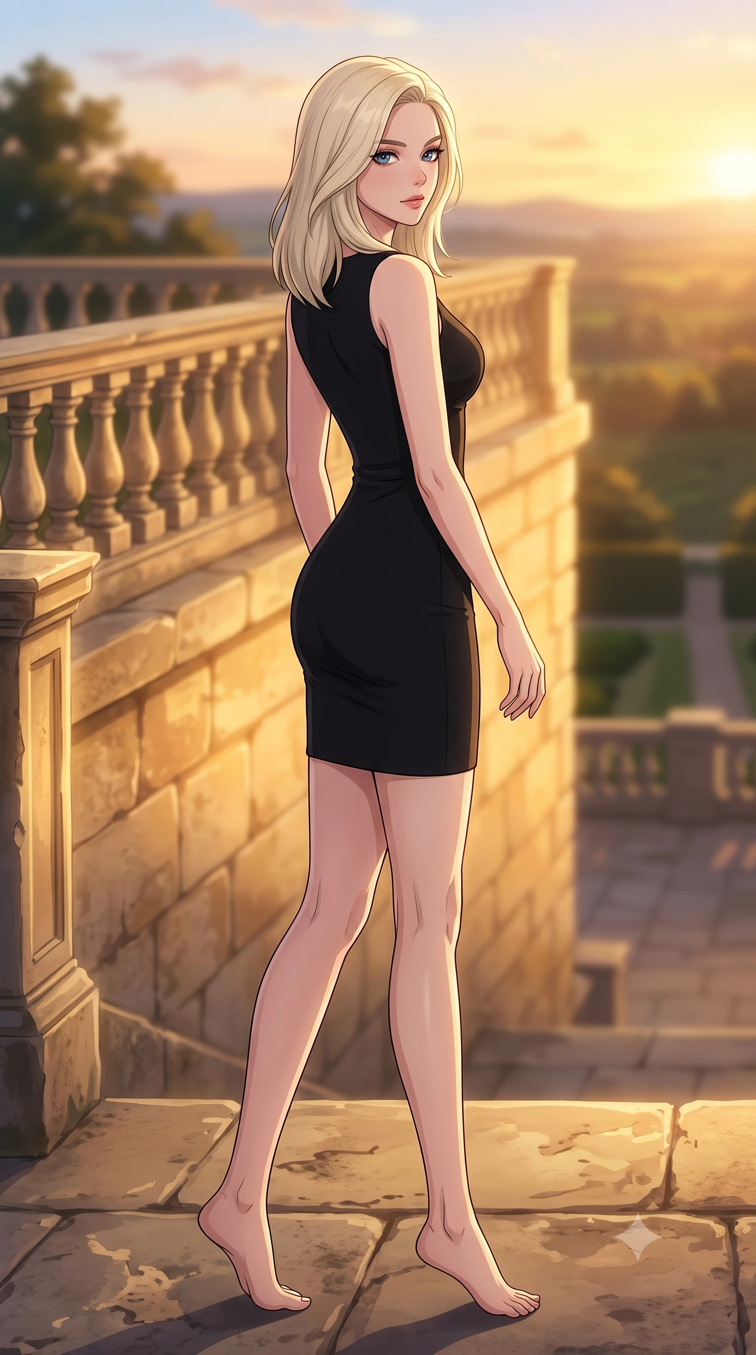 score_9, masterpiece, best quality, ultra-detailed, high-budget anime keyframe, tasteful artistic composition, Caucasian woman. low angle full-body shot from head to toe showing her feet, filling the entire 9:16 vertical frame with her statuesque presence, stretching her vertical silhouette. stepping gracefully while looking back over her shoulder, her dress draped tightly to reveal her silhouette the background shows a soft-focus a historic estate balustrade terrace looking down at a botanical valley at sunset. She has an absolutely perfect, statuesque 8.5-heads proportion, an exceptionally tall and slender model-like female figure with impossibly long slender legs and an ultra-slim waist. sharp v-shaped jawline, high-bridge nose, intricate jewel-like eyes with depth, thick eyelashes, glossy lips with a natural sheen. wearing a body-hugging form-fitting black bodycon dress in structured crepe fabric with a simple crew neck. late afternoon sun casting a majestic golden glow over the stone walls. highly saturated vibrant anime colors, cel-shading, 2d style, master piece, 9:16 ratio