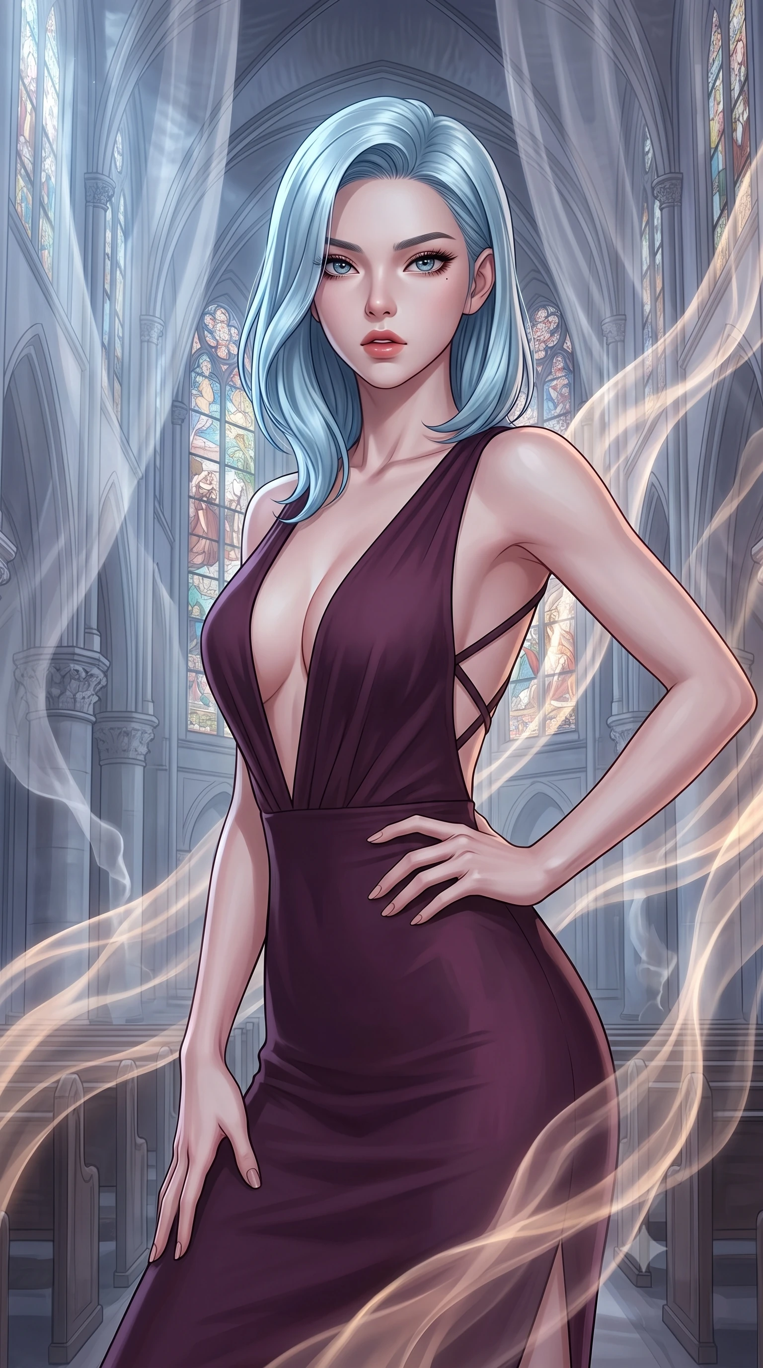 score_9, masterpiece, best quality, ultra-detailed, high-budget anime keyframe, editorial fashion photography, tasteful artistic composition, Korean woman. close-up cowboy shot from the waist and thighs up, the character dominates the composition, filling the frame with her large presence, background elements kept in soft focus. Looking directly at the camera with a bold fearless expression and parted lips. set against a soft-focus background of a cathedral that exists simultaneously in physical and astral planes with ghostly double-images of every surface stained-glass windows showing different realities and translucent spirit light flowing through the nave. She has an exceptionally elegant and slender, willowy female figure with an ultra-slim waist, a gracefully sculpted slender torso, and a refined slim physique. sharp v-shaped jawline, high-bridge nose, intricate jewel-like eyes with depth, thick eyelashes, glossy lips with a natural sheen. wearing a dark plum dress with a deep plunging V-neckline and a criss-cross strap back design. cold silver moonlight filtered through translucent gossamer curtains casting delicate shadows. 2k, ultra detail, master piece, 9:16 ratio