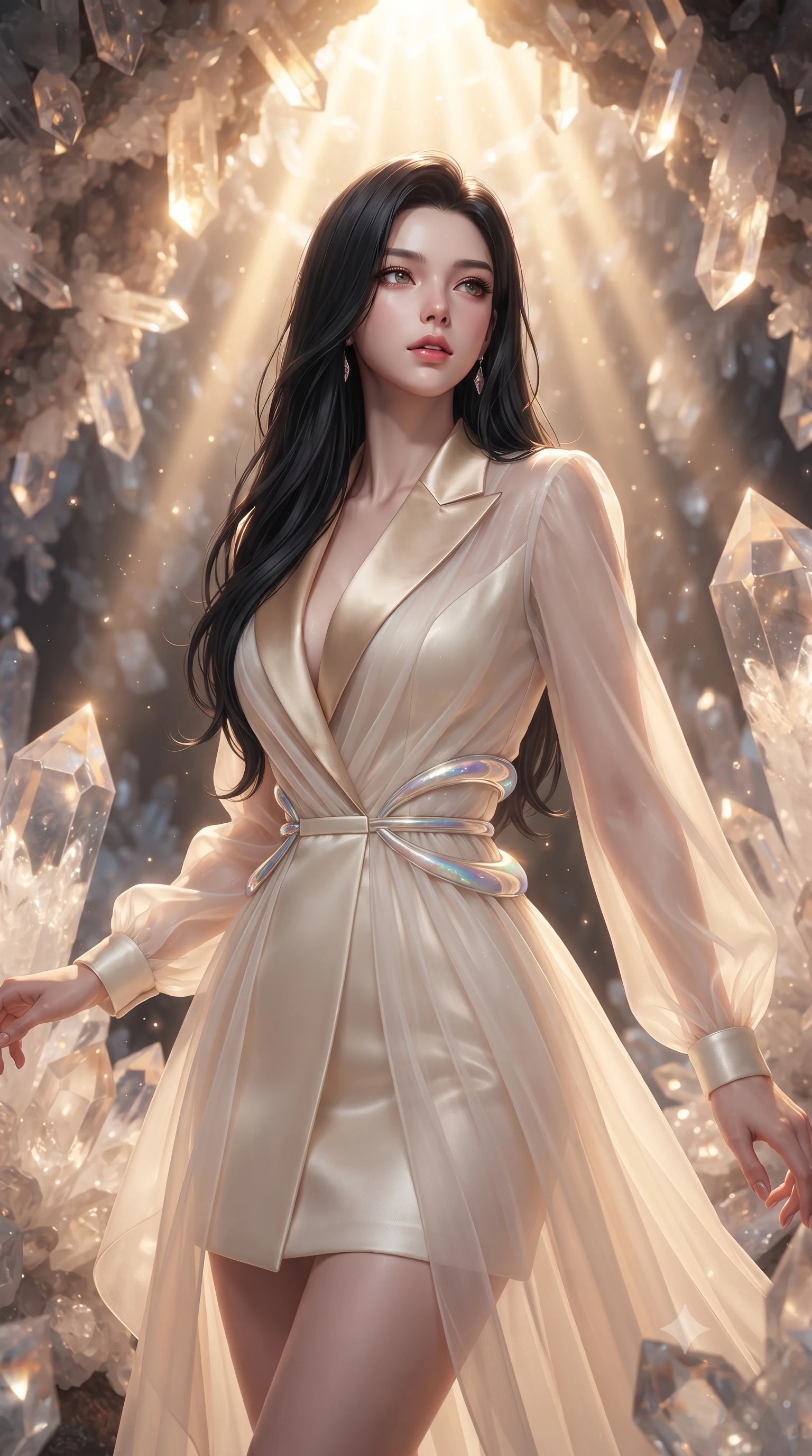 score_9, masterpiece, best quality, ultra-detailed, high-budget anime keyframe, editorial fashion photography, tasteful artistic composition, Korean woman. close-up cowboy shot from the waist and thighs up, the character dominates the composition, filling the frame with her large presence, background elements kept in soft focus. Tilting her chin up slightly with lips parted in a composed, magnetic expression, navigating a crystal cavern filled with suspended quartz clusters glinting in sunbeams, translucent quartz crystals revealing internal fractures and iridescent colors. She has an exceptionally elegant, slender, and willowy female figure with an ultra-slim waist, a gracefully sculpted slender torso, and a refined silhouette. sharp v-shaped jawline, high-bridge nose, intricate jewel-like eyes with depth, thick eyelashes, glossy lips with a natural sheen. wearing tailored ivory tux dress with satin lapels and fitted waist in champagne gold, made of sheer opal chiffon overlay, accented with sculpted opal chrome rings at the waist, accentuating her gracefully sculpted slender torso. bathed in warm sunbeams piercing the top of the geode cavern. ultra-reflective glossy finish, specular highlights, metallic sheen, high-contrast stereoscopic depth, volumetric dynamic lighting, 2k, ultra detail, master piece, 9:16 ratio