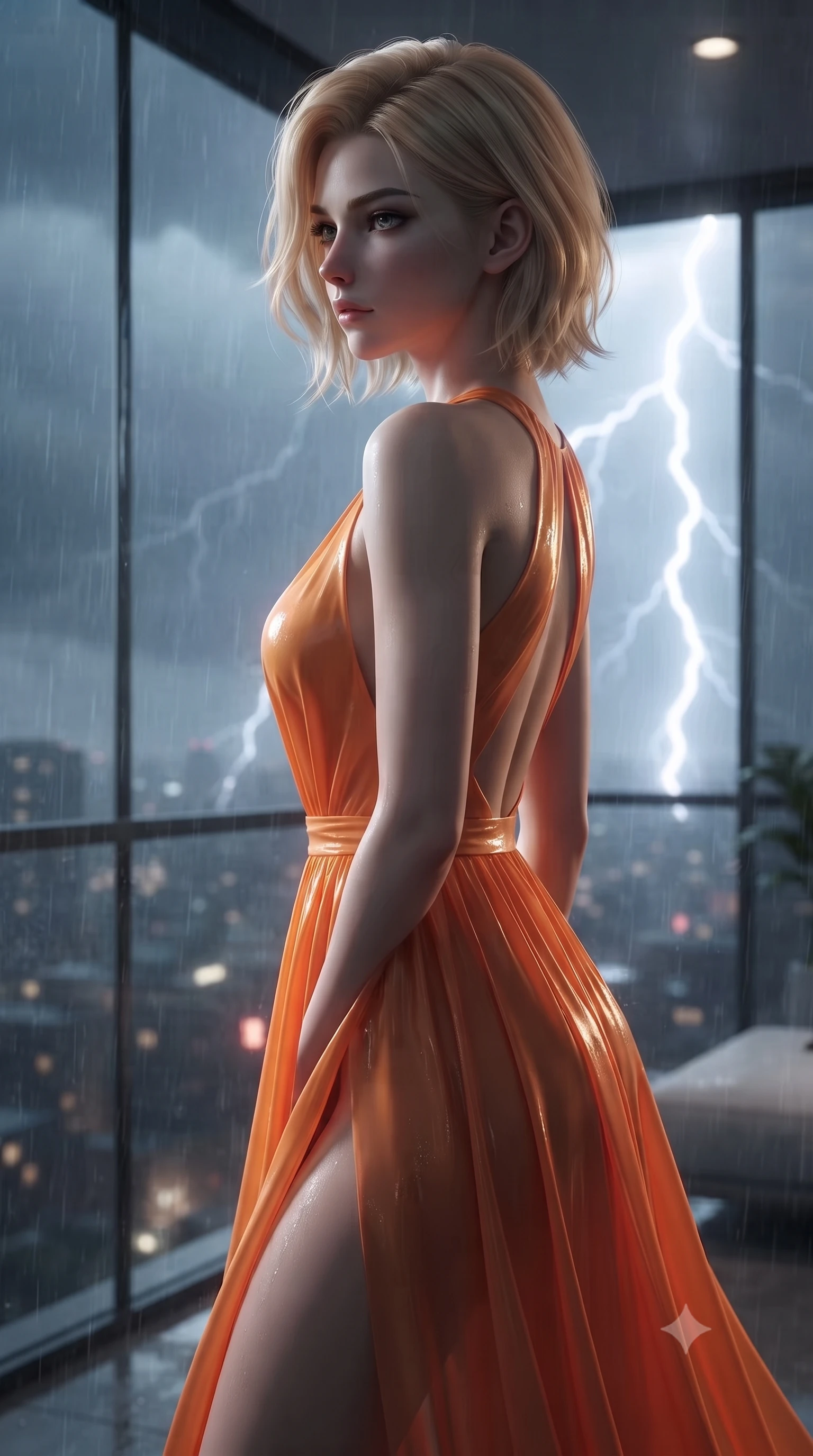 score_9, masterpiece, best quality, ultra-detailed, high-budget anime keyframe, editorial fashion photography, tasteful artistic composition, Caucasian woman. close-up cowboy shot from the waist and thighs up, the character dominates the composition, filling the frame with her large presence, background elements kept in soft focus. turning her face in sharp profile, casting a cold, mysterious, yet intensely alluring side gaze, the background shows a soft-focus a private balcony of a high-tech apartment during a heavy thunderstorm. She has an exceptionally elegant, slender, and willowy female figure with an ultra-slim waist, a gracefully sculpted slender torso, and a refined silhouette. sharp v-shaped jawline, high-bridge nose, intricate jewel-like eyes with depth, thick eyelashes, glossy lips with a natural sheen. wearing a tailored high-slit resort gown in sunset orange chiffon, featuring a daring thigh-slit and open back. bright flashes of lightning casting momentary high-contrast chiaroscuro shadows. ultra-reflective glossy finish, specular highlights, metallic sheen, high-contrast stereoscopic depth, volumetric dynamic lighting, 2k, ultra detail, master piece, 9:16 ratio