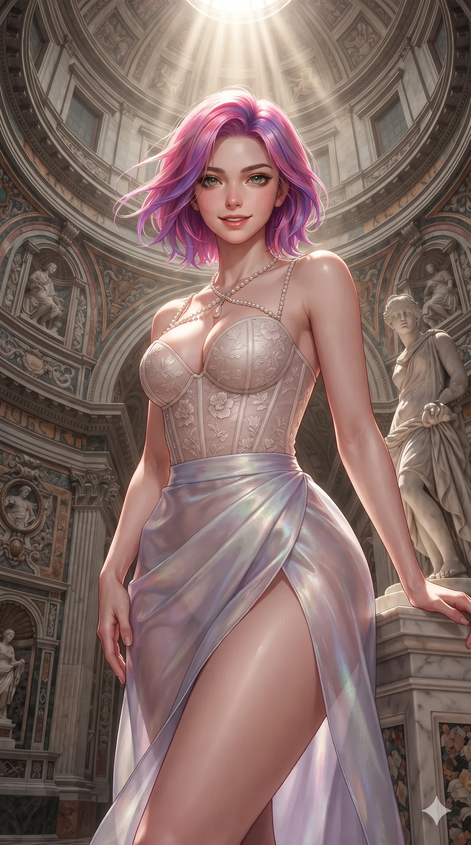score_9, masterpiece, best quality, ultra-detailed, high-budget anime keyframe, editorial fashion photography, tasteful artistic composition, Caucasian woman. close-up cowboy shot from the waist and thighs up, the character dominates the composition, filling the frame with her large presence. turning slowly with an enchanting smoldering smile, her glossy hair tossing in the breeze as her hips angle gracefully in a captivating contrapposto while leaning against the classical marble statue plinth with hips cocked back, looking through dark eyelashes with quiet, magnetic self-assurance. The surrounding environment is rendered in vivid detail and crisp panoramic clarity: sharp polychrome marble mosaic tile tesserae, carved Carrara statue drapery, and iron dome rivet lines in deep focus. She has an exceptionally elegant, slender, and willowy female figure with an ultra-slim waist, flat toned midriff, narrow ribcage, and sculpted feminine hips creating an alluring, slim hourglass silhouette without bulk. sharp v-shaped jawline, high-bridge nose, sparkling eyes with hypnotic seductive depth, thick curled eyelashes, glossy parted lips with a natural dewy peach sheen, alluring bedroom-eyes with an enchanting coquettish smile, exuding magnetic siren charisma and sophisticated glamour, flawlessly proportioned anatomical accuracy, strict slender model proportions, natural body alignment, perfectly sculpted long slender limbs, ultra-slim waistline, clean dynamic posture without body distortion. wearing a plunging sweetheart-neckline boned corset top with pressed flower embroidery paired with a sheer organza wrap skirt in iridescent mother-of-pearl and misty lavender, tailored from smooth liquid silk satin that clings smoothly to her narrow waist and rounded hips with a dewy sheen, finished with a pearl-drop body harness subtly framing her dewy collarbones and spine, the high-slit wrap tailoring accentuating her ultra-slim waistline and the enchanting curve of her feminine hips with alluring seductive charm. bathed in vertical shafts of dramatic midday sunlight beaming down directly through the apex cupola. ultra-reflective glossy finish, specular highlights, rich textural contrasts, high-contrast stereoscopic depth, volumetric dynamic lighting, 2k, ultra detail, master piece, 9:16 ratio