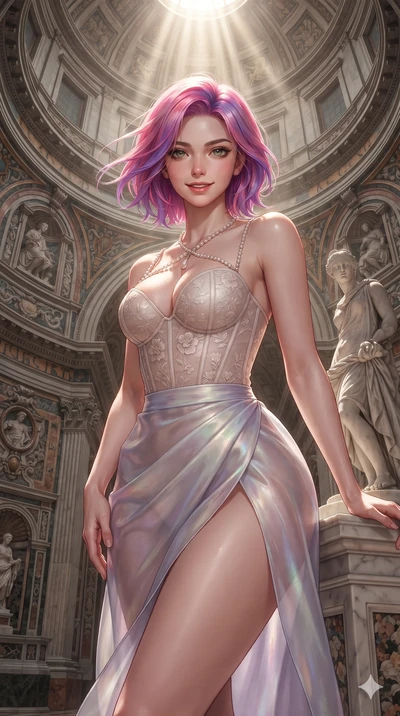 Caucasian woman. turning slowly with an enchanting smoldering smile, her glossy hair tossing in the breeze as her hips angle gracefully in a captivating contrapposto while leaning against the classical marble statue plinth with hips cocked back, looking through dark eyelashes with quiet, magnetic self-assurance. The surrounding environment is...