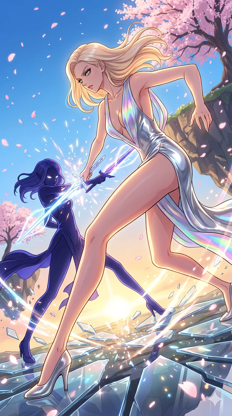 score_9, masterpiece, best quality, ultra-detailed, High-budget Anime Keyframe, vibrant colors, fluid line-art, expressive lighting, cinematic composition, Ufotable-style visual effects, top-tier animation quality, Caucasian woman with pale skin, blonde hair, and (strictly human ears). Dynamic full-body shot stretching the vertical silhouette, capturing her from a powerful low-angle perspective. Engaging in a fierce duel with a shadowy mirror version of herself on a platform of floating glass shards. She has an absolutely perfect 8-heads proportion, an exceptionally tall and slender female figure with impossibly long slender legs and an ultra-slim waist, her statuesque height and towering silhouette dominating the vertical 9:16 frame. Her face is a masterpiece featuring a sharp v-shaped jawline, high-bridge nose, intricate jewel-like eyes with depth, thick eyelashes, and glossy lips with a natural sheen. She is wearing a Liquid mercury fabric dress that clings perfectly to her every curve with a deep plunging neckline crafted from Holographic chiffon that changes color with every movement, creating a rainbow effect, unzipped deeply to reveal a daring glimpse of her chest and a high-cut leg line. The scene is set in an ancient floating island with pink cherry blossoms falling like snow against a blue sky, illuminated by golden hour sunlight that gives her skin a warm, radiant glow. 2k, ultra detail, master piece, 9:16 ratio