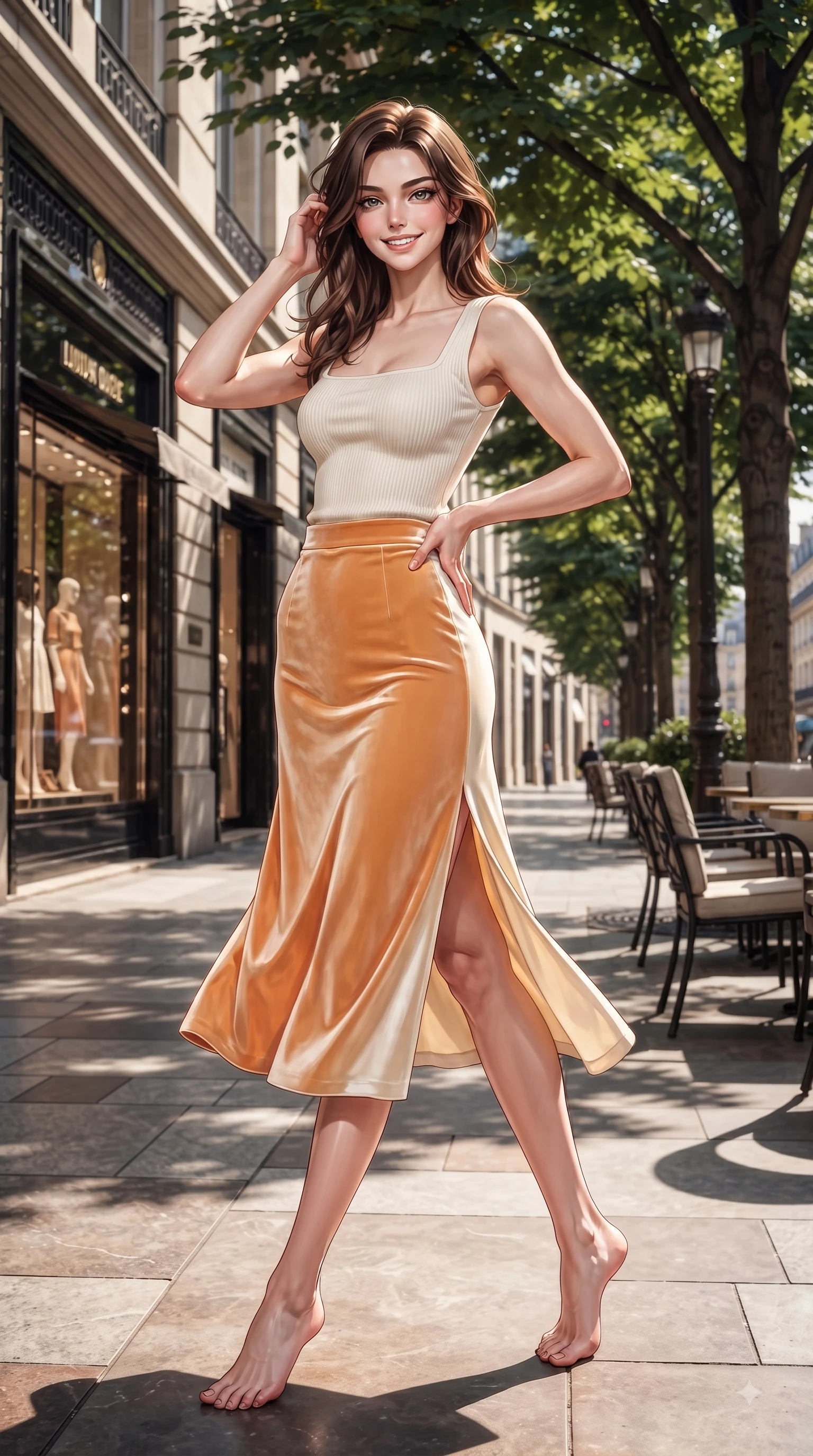 score_9, masterpiece, best quality, ultra-detailed, high-budget anime keyframe, editorial fashion photography, tasteful artistic composition, Korean woman. low angle full-body shot from head to toe showing her feet, filling the entire 9:16 vertical frame with her statuesque presence, stretching her vertical silhouette. pivoting dynamically with a fresh infectious smile, her ultra-slim waist creating a sweeping fluid curve while stepping along a quiet tree-lined fashion avenue with an effortless statuesque posture. The surrounding environment is rendered in vivid detail and crisp panoramic clarity. intricate fashion displays, outdoor cafe seating, and crisp architectural shadows rendered in deep focus. She has an absolutely perfect, statuesque 8.5-heads proportion, an exceptionally tall and slender model-like female figure with impossibly long slender legs and an ultra-slim waist. sharp v-shaped jawline, high-bridge nose, intricate jewel-like eyes with depth, thick eyelashes, glossy lips with a natural sheen, flawlessly proportioned anatomical accuracy, natural body alignment, perfectly sculpted elegant limbs, clean dynamic posture without body distortion. wearing a chic square-neck ribbed top paired with a flowing A-line midi skirt in warm apricot orange and cream white, made of lustrous stretch velvet, featuring a sleek side leg slit ascending to mid-thigh, the form-contouring material highlighting her ultra-slim waist and long lines. illuminated by crisp clear afternoon key light and vibrant specular highlights. ultra-reflective glossy finish, specular highlights, metallic sheen, high-contrast stereoscopic depth, volumetric dynamic lighting, 2k, ultra detail, master piece, 9:16 ratio