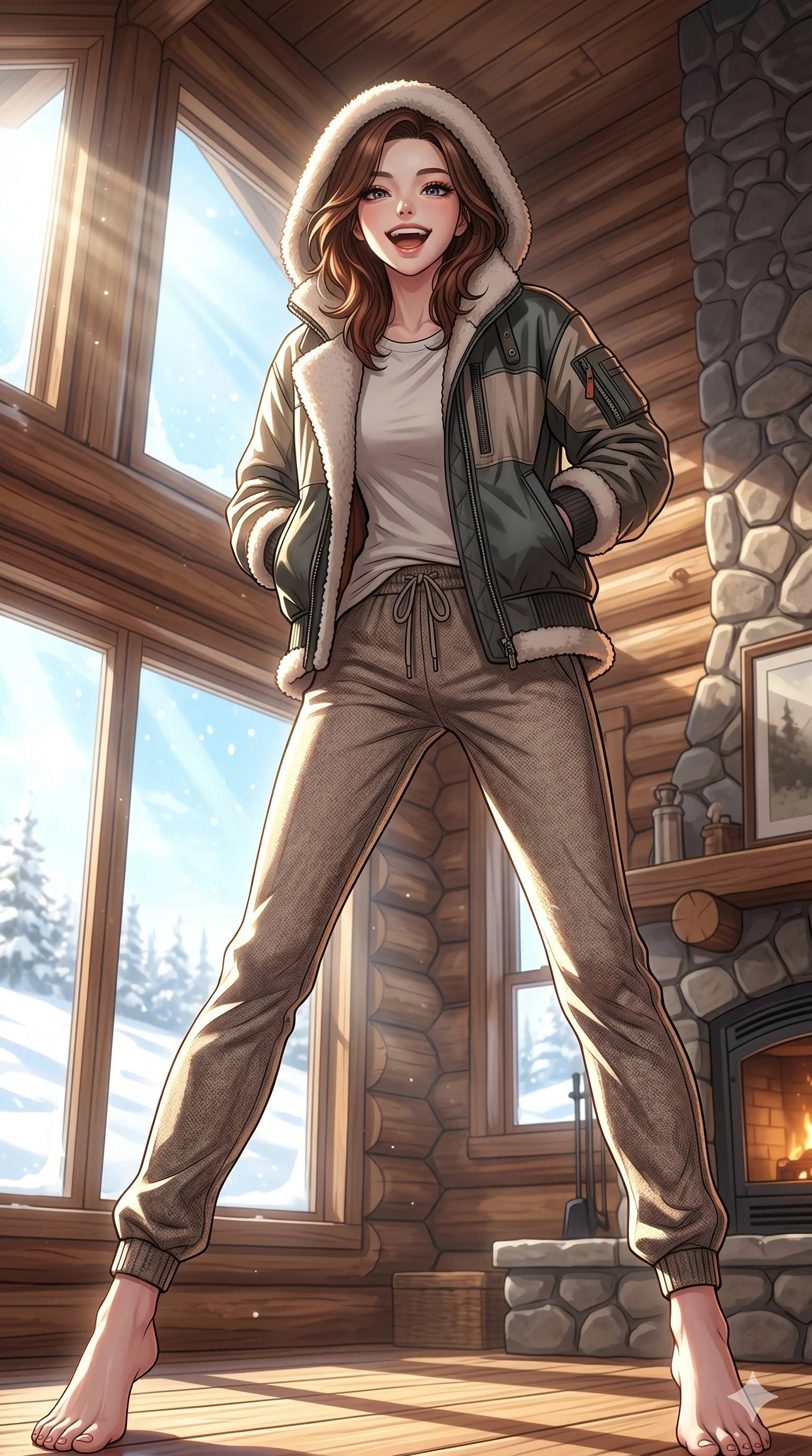 score_9, masterpiece, best quality, ultra-detailed, high-budget anime keyframe, vibrant anime aesthetic, Korean woman. low angle full-body shot from head to toe showing her feet, filling the entire 9:16 vertical frame with her statuesque presence, stretching her vertical silhouette. She is leaning back with a cheerful laugh, looking directly into the camera lens in winter inside a cozy log cabin room with windows showing a sunny snowfield (Code-P21-029). She has an absolutely perfect 8-heads proportion, an exceptionally tall and slender female figure with impossibly long slender legs and an ultra-slim waist. V-shaped jawline, high-bridge nose, intricate jewel-like eyes with depth, thick eyelashes, glossy lips with a natural sheen. wearing a designer bomber jacket over a cotton shirt and track pants. She is bathed in brilliant midday winter sunbeams, casting sharp highlights that outline her slim waist. 2k, ultra detail, master piece, 9:16 ratio