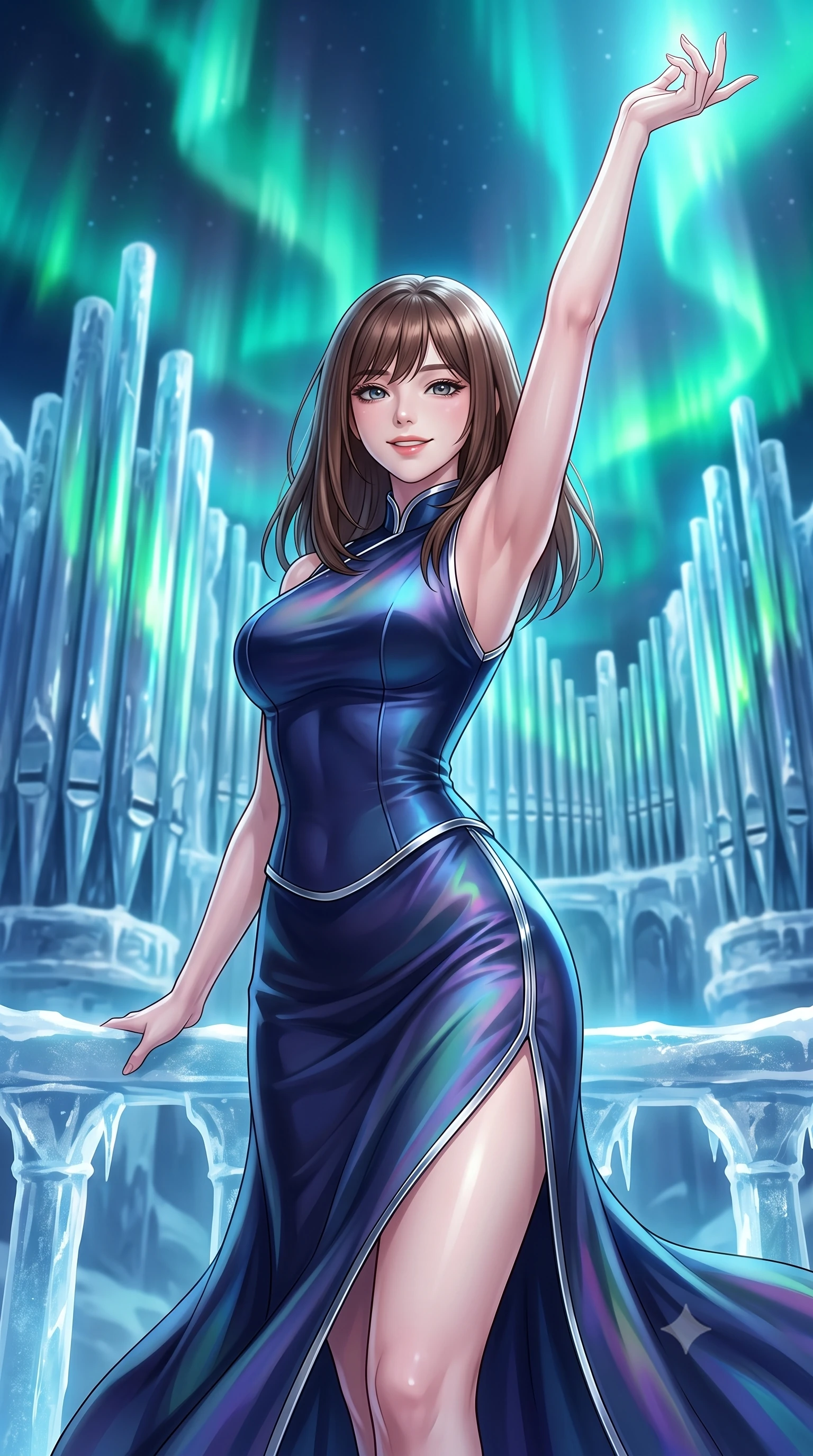 score_9, masterpiece, best quality, ultra-detailed, high-budget anime keyframe, editorial fashion photography, tasteful artistic composition, Korean woman. close-up cowboy shot from the waist and thighs up, the character dominates the composition, filling the frame with her large presence, background elements kept in soft focus. Extending one arm in an elegant stretch toward the light while smiling with magnetic self-assurance while standing dynamically on an ice-carved opera balcony under a soaring polar aurora sky, frozen organ pipes reflecting vivid green and cyan polar aurora lights dynamically. She has an exceptionally elegant, slender, and willowy female figure with an ultra-slim waist, a gracefully sculpted slender torso, and a refined silhouette. sharp v-shaped jawline, high-bridge nose, intricate jewel-like eyes with depth, thick eyelashes, glossy lips with a natural sheen, flawlessly proportioned anatomical accuracy, natural body alignment, perfectly sculpted elegant limbs, clean dynamic posture without body distortion. wearing a modern fusion silk hanbok dress with a structured bodice and flowing skirt in midnight navy blue and chrome trim, crafted from iridescent chiffon that shifts colors in the light, finished with a sleek side slit ascending to mid-thigh, the tailored fabric tightly following every curve of her athletic build. surrounded by a high-contrast icy luminescence and deep velvet shadows. highly saturated vibrant anime colors, detailed shading with soft gradients, rich glossy textures, high-contrast stereoscopic depth, volumetric dynamic lighting, master piece, 9:16 ratio