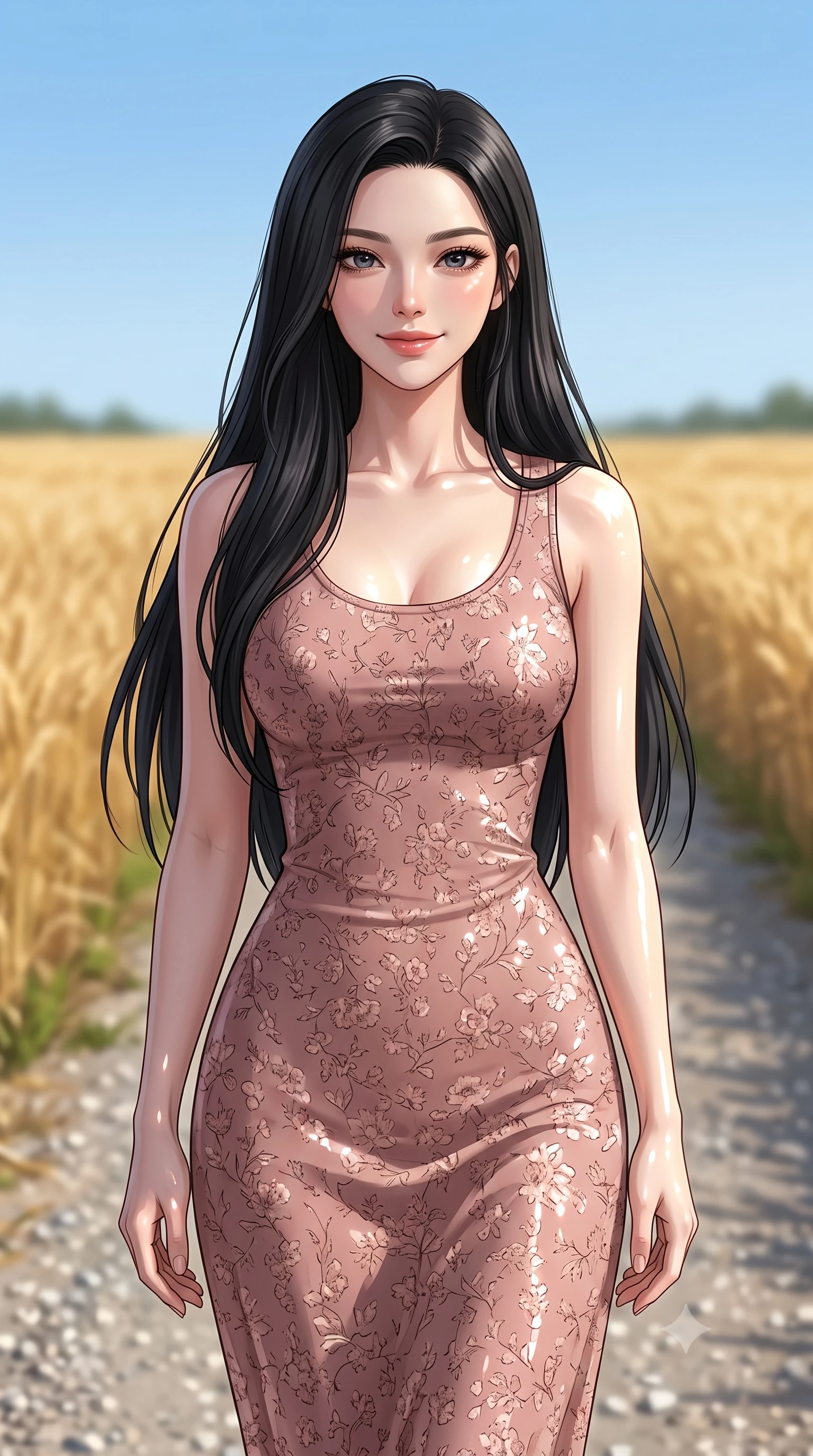 score_9, masterpiece, best quality, ultra-detailed, high-budget anime keyframe, editorial fashion photography, tasteful artistic composition, Korean woman woman. close-up cowboy shot from the waist and thighs up, the character dominates the composition, filling the frame with her large presence, background elements kept in soft focus. tilting her head slightly with a gentle, friendly smile under the warm sun the background shows a soft-focus a gravel road passing through a vast field of golden wheat under a clear blue sky. She has an exceptionally elegant, slender, and willowy female figure with an ultra-slim waist, a gracefully sculpted slender torso, and a refined silhouette. sharp v-shaped jawline, high-bridge nose, intricate jewel-like eyes with depth, thick eyelashes, glossy lips with a natural sheen. wearing a slim-fit floral print maxi dress in dusty rose cotton with a simple scoop neck. bright and direct afternoon sun rays casting cheerful highlights. 2k, ultra detail, master piece, 9:16 ratio