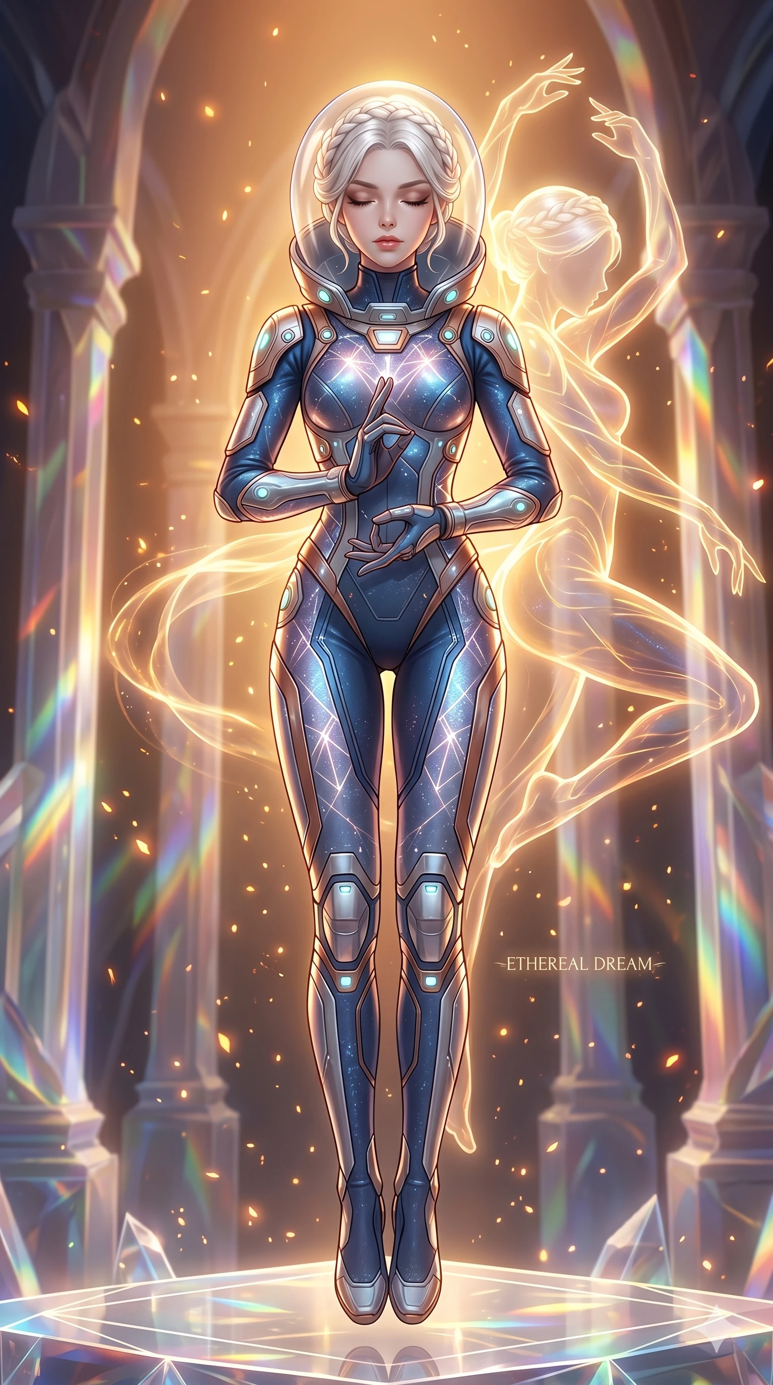 score_9, masterpiece, best quality, ultra-detailed, Set A: High-budget Anime Keyframe, Caucasian (human ears) woman. Low angle cowboy shot filling the entire 9:16 frame with her statuesque presence. Theme: Ethereal Dream. meditating in a temple made of solid light, as her reflection in the air starts to dance independently 195. The atmosphere is filled with golden hour with floating embers. She has an absolutely perfect 8-heads proportion, an exceptionally tall and slender female figure with impossibly long slender legs and an ultra-slim waist. Sharp v-shaped jawline, high-bridge nose, intricate jewel-like eyes with depth, glossy lips. Wearing Deep-space explorer suit with transparent helmet-hood and glowing bio-sensors. Cinematic lighting, vivid colors, dramatic shadows, 2k, ultra detail, master piece, 9:16 ratio