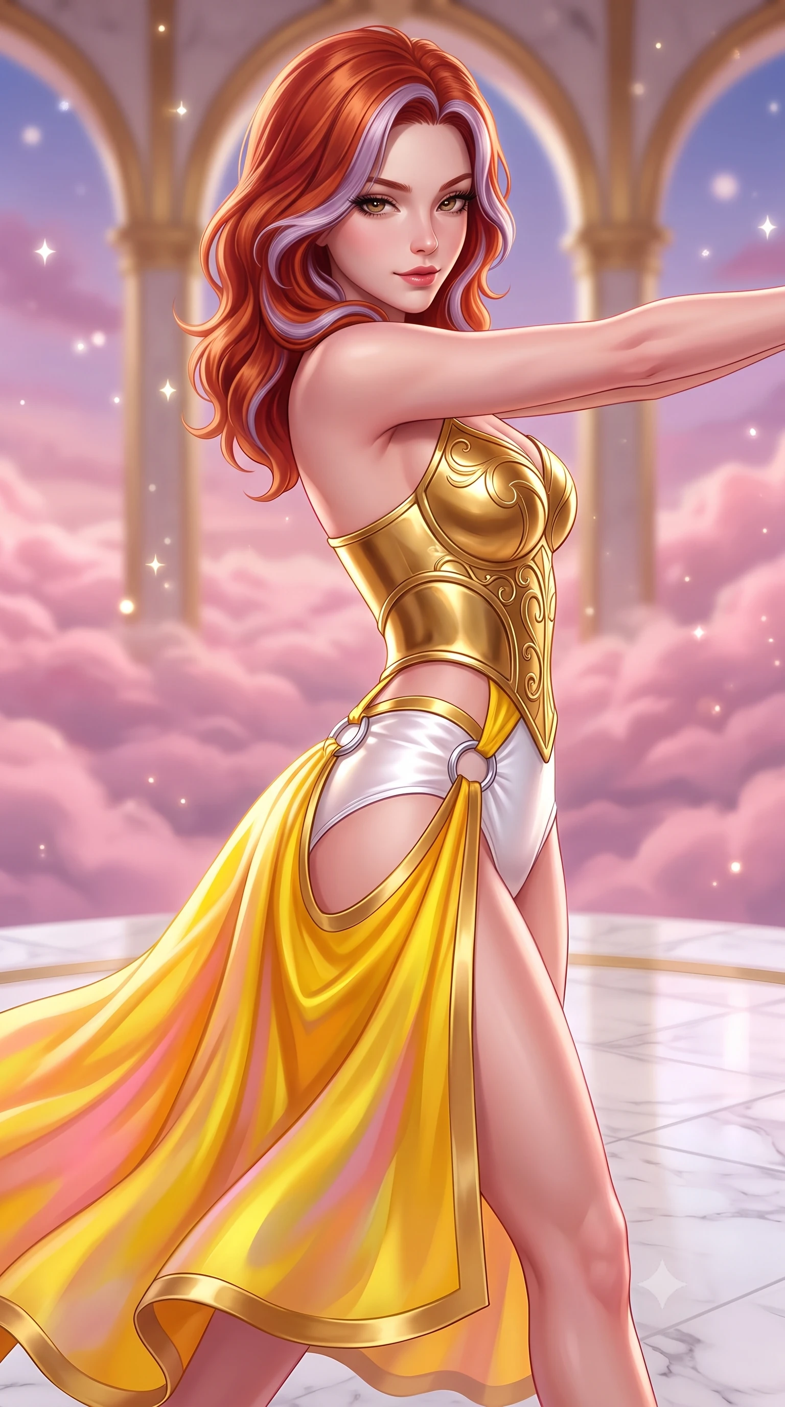 score_9, masterpiece, best quality, ultra-detailed, high-budget anime keyframe, semi-realistic 3D game render, editorial fashion photography, tasteful artistic composition, Caucasian woman. close-up cowboy shot from the waist and thighs up, the character dominates the composition, filling the frame with her large presence. stretching forward with an alluring arch of her spine, glancing over her shoulder with thick eyelashes and a smoldering half-smile while waltzing gracefully across a polished white marble ballroom terrace suspended above rolling pink twilight clouds. The composition keeps background elements in soft focus with creamy bokeh. gilded ballroom arches and floating starlight motes softened in luminous shallow focus. She has an exceptionally elegant, slender, and willowy female figure with an ultra-slim waist, a gracefully sculpted slender torso, toned flat midriff, and a refined slim silhouette. sharp v-shaped jawline, high-bridge nose, intricate jewel-like eyes with depth, thick eyelashes, glossy lips with a natural sheen, flawlessly proportioned anatomical accuracy, strict slender model proportions, natural body alignment, perfectly sculpted long slender limbs, ultra-slim waistline, clean dynamic posture without body distortion. wearing a sculpted golden breastplate bodice paired with high-cut white satin briefs and a fluid draped side skirt in vibrant sunburst canary yellow and gold trim, made of smooth iridescent silk chiffon that shifts colors with movement, detailed with polished silver rings connecting the daring side-waist cutouts, the glove-like aerodynamic second-skin fit tightly clinging to her ultra-slender waist and athletic curves without adding bulk, accentuating her razor-sharp statuesque lines and slim hourglass silhouette. surrounded by an enchanting, romantic, and intensely glamorous celestial ballroom ambiance. highly saturated vibrant anime colors, detailed shading with soft gradients, rich glossy textures, high-contrast stereoscopic depth, volumetric dynamic lighting, master piece, 9:16 ratio