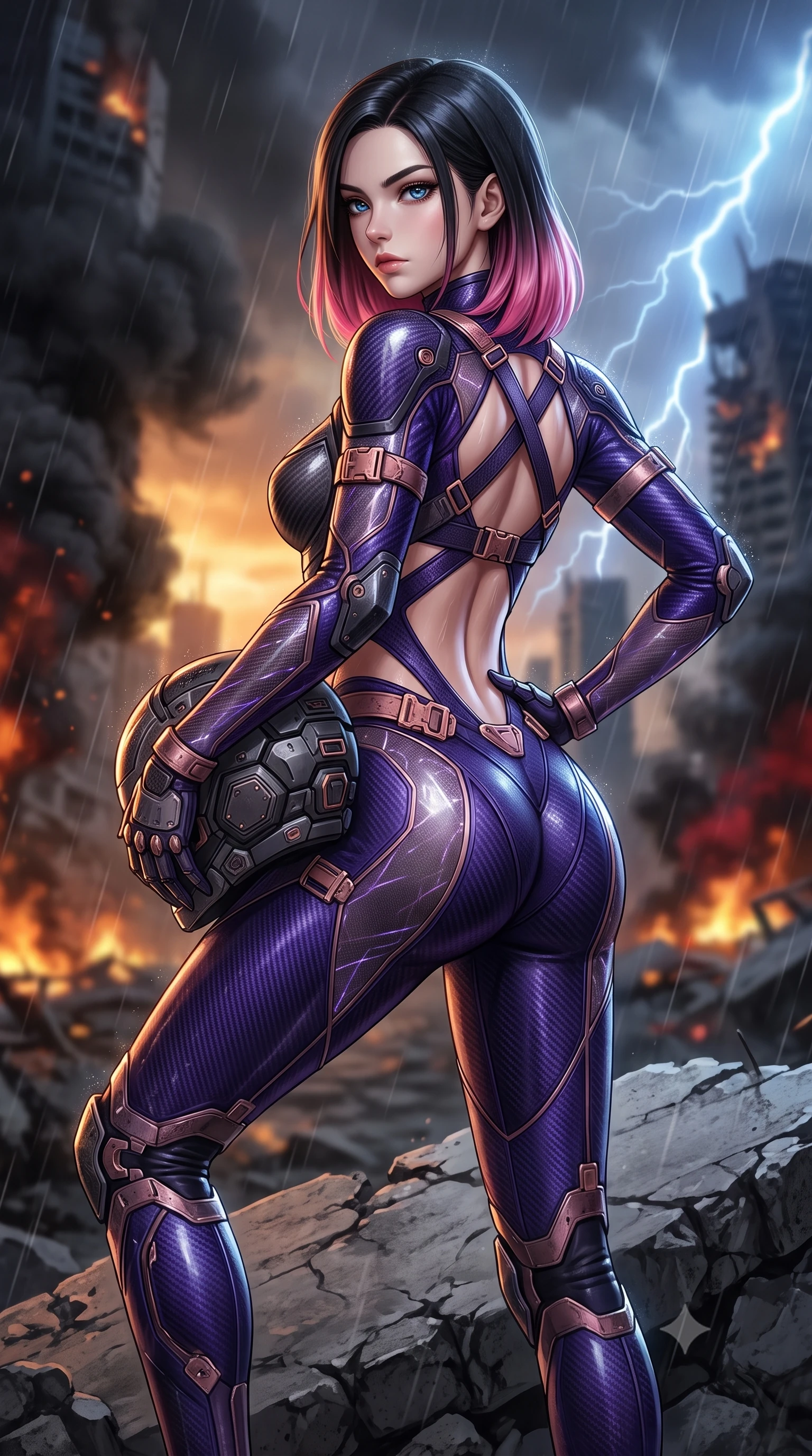score_9, masterpiece, best quality, ultra-detailed, high-budget anime keyframe, semi-realistic 3D game render, editorial fashion photography, tasteful artistic composition, Korean woman. close-up cowboy shot from the waist and thighs up, the character dominates the composition, filling the frame with her large presence. resting one armored hand on her hip while glancing over her shoulder with thick eyelashes and an indomitable, smoldering combat gaze while pivoting dynamically on crumbling concrete rubble as black smoke plumes and distant emergency fires illuminate her statuesque silhouette. The composition keeps background elements in soft focus with creamy bokeh. raging horizon fires and shattered skyscraper silhouettes blurred into dramatic charcoal, amber, and blood-crimson bokeh. She has an exceptionally elegant, slender, and willowy female figure with an ultra-slim waist, a gracefully sculpted slender torso, toned flat midriff, and a refined slim silhouette. sharp v-shaped jawline, high-bridge nose, intricate jewel-like eyes with depth, thick eyelashes, glossy lips with a natural sheen, fierce and resolute heroine expression, flawlessly proportioned anatomical accuracy, strict slender model proportions, natural body alignment, perfectly sculpted long slender limbs, ultra-slim waistline, clean dynamic posture without body distortion. holding a modular carbon battle-helmet under one arm, her flawless face and sculpted neck exposed to the rain with determined warrior focus, paired with a form-contouring high-mobility battle-suit featuring sculpted carbon chest plating, diagonal midriff ventilation cutouts, and kinetic knee vambraces in royal purple carbon fiber with distressed rose-gold hardware and buckles, crafted from semi-translucent cybernetic carbon-vinyl interwoven with glowing micro-filaments, complemented by criss-cross back harness straps highlighting her completely bare spine, the glove-like aerodynamic second-skin fit tightly clinging to her ultra-slender waist and athletic curves without adding bulk, accentuating her razor-sharp statuesque lines and slim hourglass silhouette. bathed in ominous amber horizon fire glow and cold blue storm lightning flashes. rich saturated anime colors with glowing neon highlights, detailed shading with soft gradients, rich glossy textures, high-contrast stereoscopic depth, volumetric dynamic lighting, master piece, 9:16 ratio