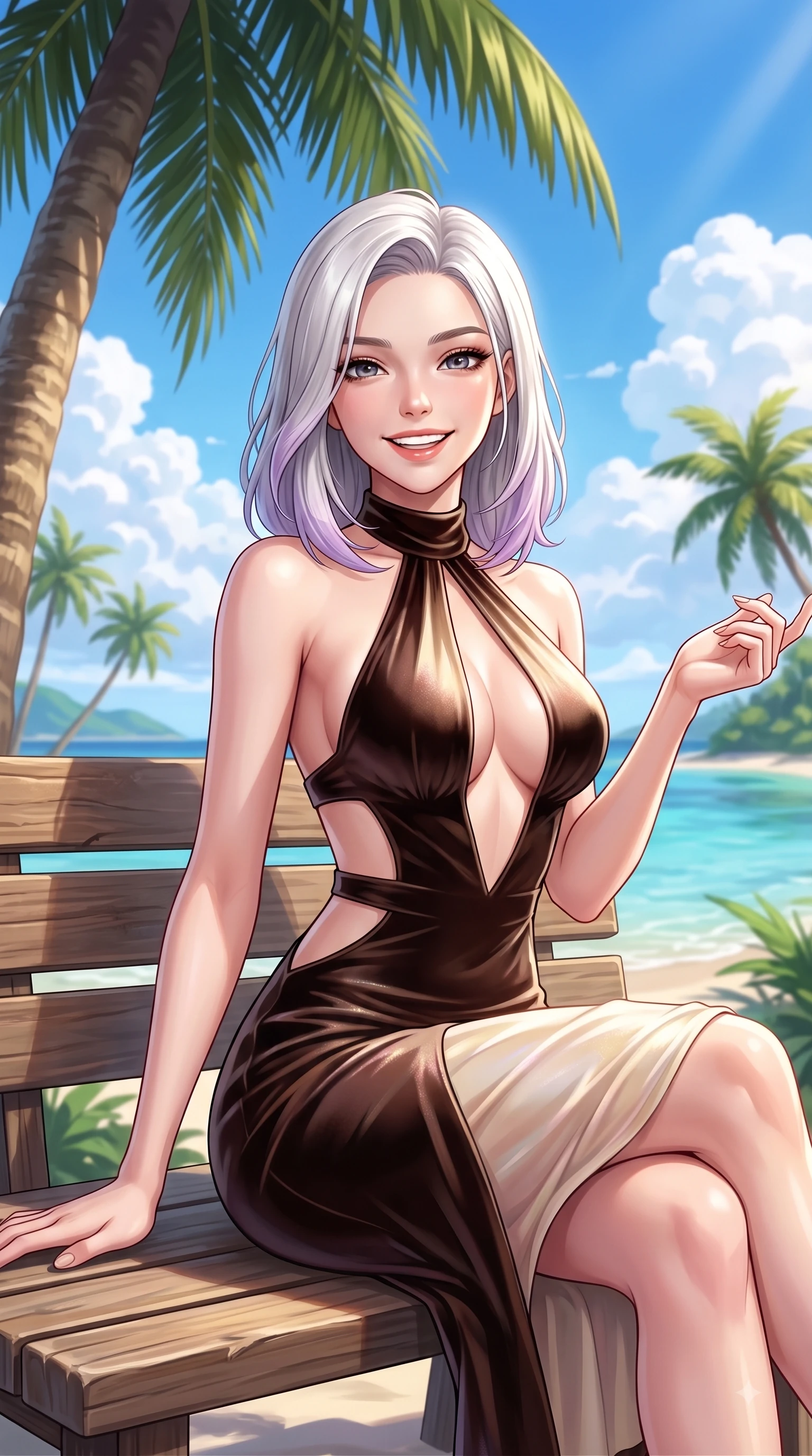 score_9, masterpiece, best quality, ultra-detailed, high-budget anime keyframe, editorial fashion photography, tasteful artistic composition, Caucasian woman. close-up cowboy shot from the waist and thighs up, the character dominates the composition, filling the frame with her large presence, background elements kept in soft focus. Youthful bright smile exuding pure cute charm and fresh energy, her torso turning dynamically into the lens while resting on a wooden bench under a palm tree overlooking a crystal-clear tropical cove, clear blue sky with soft white fluffy cumulus clouds adding vacation joy. She has an exceptionally elegant, slender, and willowy female figure with an ultra-slim waist, a gracefully sculpted slender torso, and a refined silhouette. sharp v-shaped jawline, high-bridge nose, intricate jewel-like eyes with depth, thick eyelashes, glossy lips with a natural sheen, flawlessly proportioned anatomical accuracy, natural body alignment, perfectly sculpted elegant limbs, clean dynamic posture without body distortion. wearing a velvet halter-neck midi dress following her form like a glove in espresso brown and warm cream, crafted from iridescent chiffon that shifts colors in the light, featuring clean architectural cutouts along her slender torso, the glove-like fit emphasizing her statuesque silhouette during motion. surrounded by a fresh, sun-drenched, and relaxing vacation atmosphere. highly saturated vibrant anime colors, detailed shading with soft gradients, rich glossy textures, high-contrast stereoscopic depth, volumetric dynamic lighting, master piece, 9:16 ratio