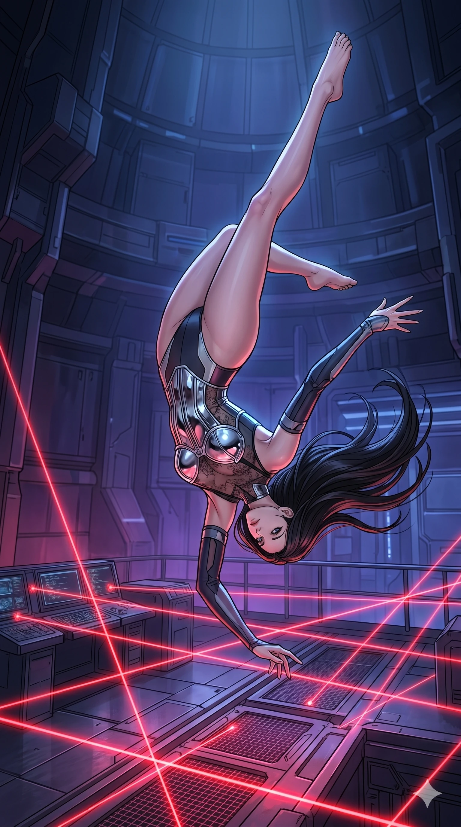 score_9, masterpiece, best quality, ultra-detailed, high-budget anime movie keyframe, cinematic anime lighting, intricate line art, Korean woman. Mid-air action shot capturing a graceful twist and vertical silhouette. somersaulting over a laser trap in a high-security vault. She has an absolutely perfect 8-heads proportion, an exceptionally tall and slender female figure with an ultra-slim waist and impossibly long slender legs. strictly human anatomy, two legs only, no extra limbs, clearly defined legs and arms, perfect anatomy, perfect hands and fingers. sharp v-shaped jawline, high-bridge nose, intricate jewel-like eyes, thick eyelashes, glossy lips. Wearing Cyber-Tech Legacy: Asymmetrical high-cut tech-bodysuit with detached sleeves and chrome-plated corset over sheer lace. The scene is illuminated by dramatic atmospheric lighting and vibrant color palettes. , 2k, ultra detail, master piece, 9:16 ratio