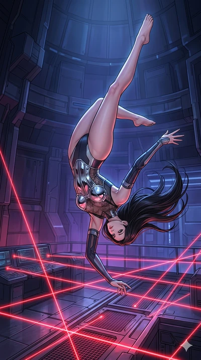 score_9, masterpiece, best quality, ultra-detailed, high-budget anime movie keyframe, cinematic anime lighting, intricate line art, Korean woman. Mid-air action shot capturing a graceful twist and vertical silhouette. somersaulting over a laser trap 