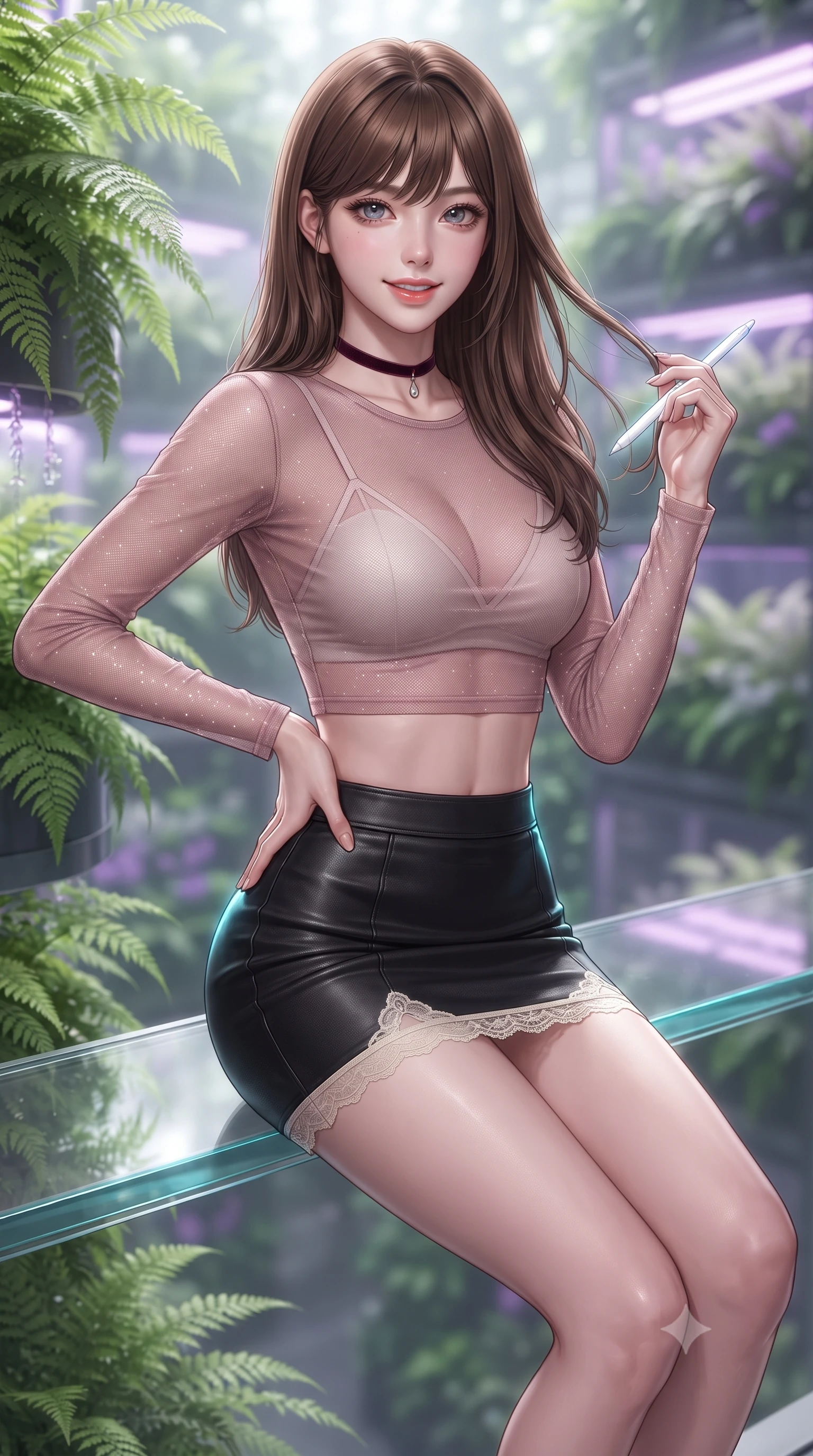 score_9, masterpiece, best quality, ultra-detailed, high-budget anime keyframe, editorial fashion photography, tasteful artistic composition, Korean woman. close-up cowboy shot from the waist and thighs up, the character dominates the composition, filling the frame with her large presence. twisting her slender torso in an alluring contrapposto stance, one hand resting on her sculpted hip while her fingers toy with her hair with effortless poise while perched sideways on the glass bridge curb with legs extended gracefully, holding an illuminated data stylus with effortless cool. The background shows a soft-focus multi-story living vertical gardens with lush ferns, pulsed ultraviolet grow-lights, and misty air blurred into chartreuse, violet, and silver bokeh. She has an exceptionally elegant, slender, and willowy female figure with an ultra-slim waist, flat toned midriff, narrow ribcage, and sculpted feminine hips creating an alluring, slim hourglass silhouette without bulk. sharp v-shaped jawline, high-bridge nose, sparkling eyes with hypnotic seductive depth, thick curled eyelashes, glossy parted lips with a natural dewy peach sheen, alluring bedroom-eyes with an enchanting coquettish smile, exuding magnetic siren charisma and sophisticated glamour, flawlessly proportioned anatomical accuracy, strict slender model proportions, natural body alignment, perfectly sculpted long slender limbs, ultra-slim waistline, clean dynamic posture without body distortion. wearing a sheer mesh long-sleeve crop top over an opaque strappy micro-bralette and a sleek leatherette mini skirt in dusky blush pink and warm ivory lace, woven from stretch metallic lurex jersey casting radiant starlight glints across her silhouette, finished with a thin velvet ribbon choker and a single teardrop diamond pendant, the form-contouring silhouette accentuating her sculpted flat midriff, narrow delicate ribcage, and gracefully curvy hips with intoxicating allure. illuminated by glass floor reflection fill and sharp electric-cyan rim lights defining her delicate clavicles, ultra-slim waist, and curvy hips. ultra-reflective glossy finish, specular highlights, rich textural contrasts, high-contrast stereoscopic depth, volumetric dynamic lighting, 2k, ultra detail, master piece, 9:16 ratio