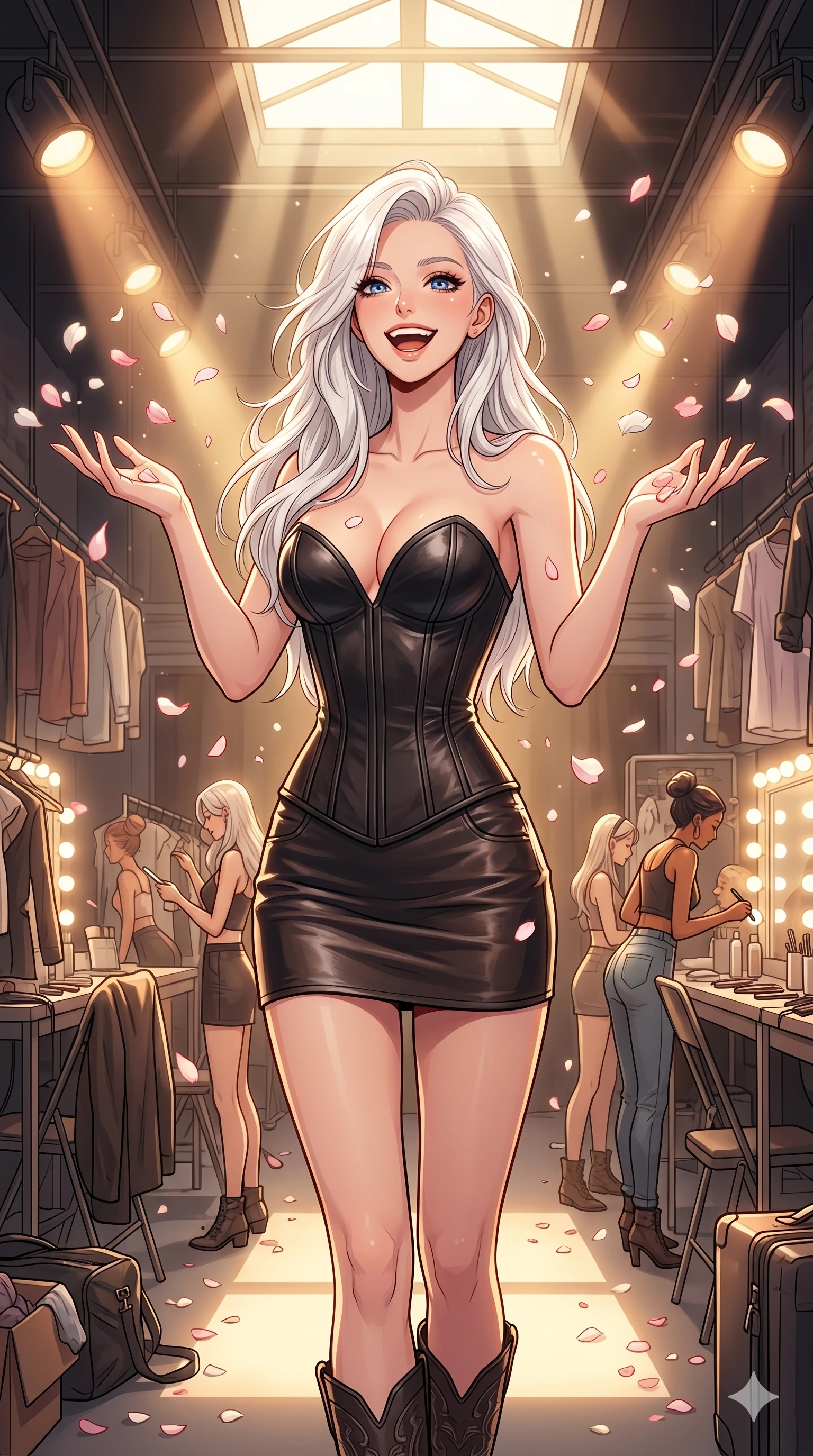 score_9, masterpiece, best quality, ultra-detailed, high-budget anime keyframe, vibrant anime aesthetic, Caucasian woman, strictly human ears. cowboy shot from the thighs up, character and outfit filling the frame for maximum presence. She is tossing a flower petal with a happy laugh, her face glowing with delight inside a runway backstage room with warm spot lights (Code-P20-174). She has an absolutely perfect 8-heads proportion, an exceptionally tall and slender female figure with impossibly long slender legs and an ultra-slim waist. V-shaped jawline, high-bridge nose, intricate jewel-like eyes with depth, thick eyelashes, glossy lips with a natural sheen. wearing a leather corset with sweetheart neckline revealing cleavage. She is illuminated by bright, direct sunbeams in a photography studio, creating clean outlines. 2k, ultra detail, master piece, 9:16 ratio