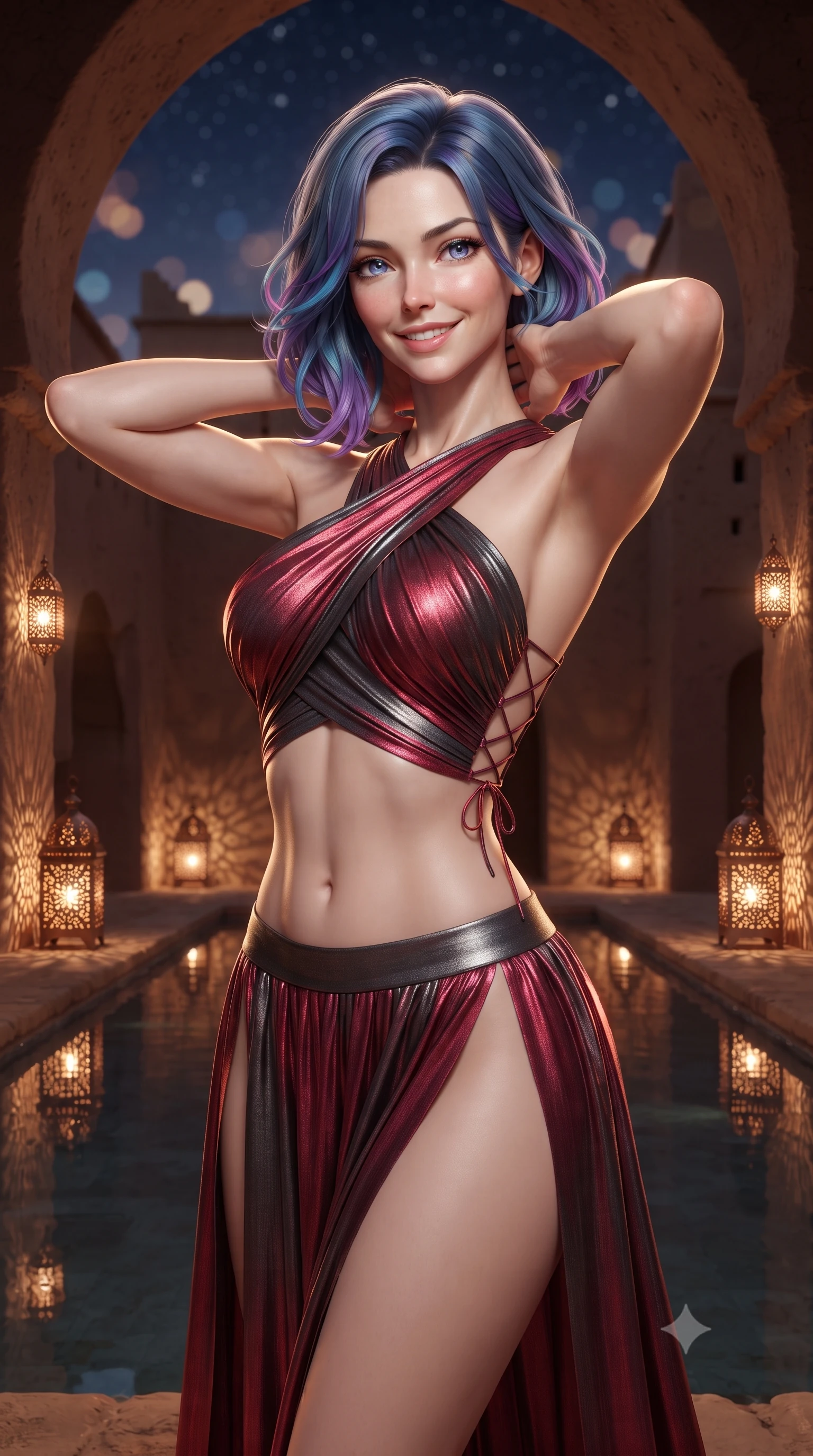 score_9, masterpiece, best quality, ultra-detailed, high-budget anime keyframe, editorial fashion photography, tasteful artistic composition, Caucasian woman. close-up cowboy shot from the waist and thighs up, the character dominates the composition, filling the frame with her large presence. resting both hands lightly behind her neck with elbows raised, arching her spine to highlight her narrow waist, flat midriff, and breathtaking collarbones while standing poised beneath the massive mudbrick arches flanked by glowing copper lanterns, arching her back with queenly sensual grace. The background shows a soft-focus warm pierced copper lanterns casting intricate lace-like shadows on mudbrick walls, tranquil reflecting pools, and starry sky blurred into honey, terracotta, and indigo bokeh. She has an exceptionally elegant, slender, and willowy female figure with an ultra-slim waist, flat toned midriff, narrow ribcage, and sculpted feminine hips creating an alluring, slim hourglass silhouette without bulk. sharp v-shaped jawline, high-bridge nose, intricate jewel-like sparkling eyes with depth, thick eyelashes, glossy parted lips with a natural peach sheen, bright cheerful beaming smile with an enchanting and coquettish sensual glint, exuding both youthful cute charm and seductive allure, flawlessly proportioned anatomical accuracy, strict slender model proportions, natural body alignment, perfectly sculpted long slender limbs, ultra-slim waistline, clean dynamic posture without body distortion. wearing a modern Arabian-inspired metallic lame wrap top with bare midriff and a high-slit chiffon harem pant skirt in rich ruby crimson and dark brushed titanium, crafted from delicate pleated metallic lamé catching dynamic light with every step, featuring fine criss-cross lace-up side ties revealing tantalizing glimpses of her hip curve, the high-slit wrap tailoring accentuating her ultra-slim waistline and the enchanting curve of her feminine hips with alluring seductive charm. illuminated by pool reflection bounce and warm flame-gold rim lights sculpting her features, flat midriff, and slender waist. ultra-reflective glossy finish, specular highlights, rich textural contrasts, high-contrast stereoscopic depth, volumetric dynamic lighting, 2k, ultra detail, master piece, 9:16 ratio