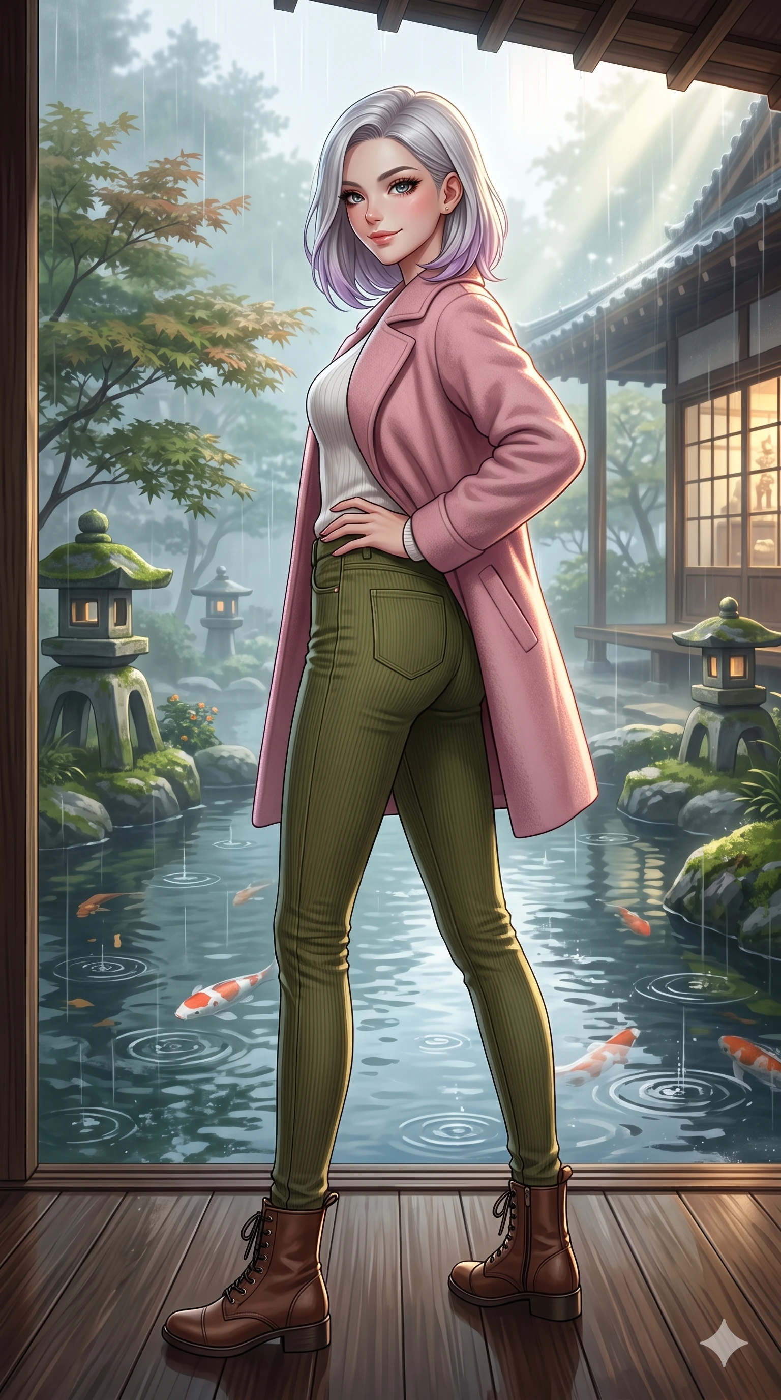 score_9, masterpiece, best quality, ultra-detailed, high-budget anime keyframe, vibrant anime aesthetic, Caucasian woman, strictly human ears. low angle full-body shot from head to toe showing her feet, filling the entire 9:16 vertical frame with her statuesque presence, stretching her vertical silhouette. She is posing with a confident, magnetic smile, one hand on her waist, looking over her shoulder at the camera surrounded by fresh morning mist. on a wooden veranda of a traditional garden pavilion, watching rain ripples in a large koi pond (Code-P22-025). She has an absolutely perfect 8-heads proportion, an exceptionally tall and slender female figure with impossibly long slender legs and an ultra-slim waist. V-shaped jawline, high-bridge nose, intricate jewel-like eyes with depth, thick eyelashes, glossy lips with a natural sheen. wearing a cozy woolen coat in pastel pink over a white knit top and fitted corduroy pants with stylish boots. She is illuminated by dramatic rim lights from a vintage shop window, adding depth to her jewel-like eyes during a refreshing sun shower. 2k, ultra detail, master piece, 9:16 ratio