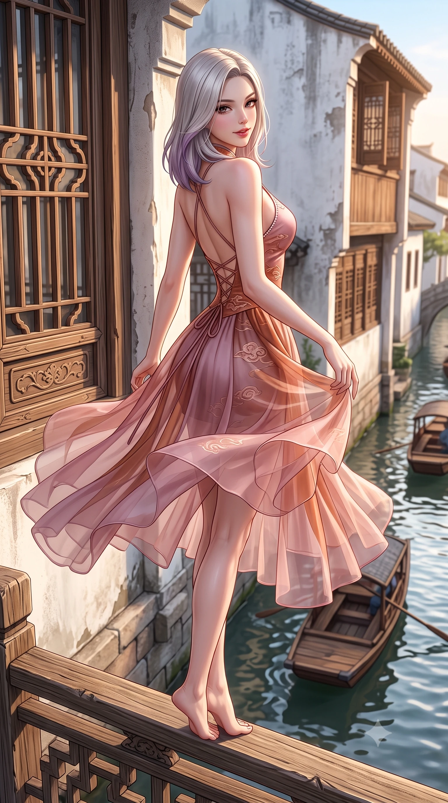 score_9, masterpiece, best quality, ultra-detailed, high-budget anime keyframe, semi-realistic 3D game render, editorial fashion photography, tasteful artistic composition, Caucasian woman. low angle full-body shot from head to toe showing her feet, filling the entire 9:16 vertical frame with her statuesque presence, stretching her vertical silhouette. executing a graceful dancer pivot turn as her layered silk chima skirt flutters around her slender legs, glancing over her shoulder with an intoxicating bedroom-gaze while sitting perched on the carved wooden balcony railing above the tranquil canal, arching her back with a playful, teasing smile as wooden sampans pass. The surrounding environment is rendered in vivid detail and crisp panoramic clarity: sharp carved wooden window lattice patterns, weathered whitewashed plaster texture, and canal water ripples in deep focus. She has an absolutely perfect, statuesque 8.5-heads proportion, an exceptionally tall and slender model-like female figure with impossibly long slender legs, an ultra-slim waist, a flat toned midriff, narrow delicate ribcage, and beautifully sculpted feminine hips creating a graceful, slim hourglass silhouette without any bulky heaviness. sharp v-shaped jawline, high-bridge nose, intricate jewel-like dark sparkling almond eyes with depth, thick lashes, glossy parted lips with a natural rose-plum sheen, bright alluring and coquettish smile with bedroom-eyes, exuding both timeless oriental elegance and sovereign high-fashion allure, flawlessly proportioned anatomical accuracy, strict slender model proportions, natural body alignment, perfectly sculpted long slender limbs, ultra-slim waistline, clean dynamic posture without body distortion. wearing a backless lace-up silk sundress with traditional cloud embroidery and an ultra-fitted hip-hugging silhouette in dusty rose pink and burnished copper, tailored from sheer gossamer silk organza with an airy weightless flutter, finished with subtle crystal rhinestones tracing the elegant neckline, the liquid-tight tailored silk fabric clinging flawlessly to her narrow waist and rounded feminine hips, emphasizing every millimeter of her sculpted slim hourglass curves without any bulky heaviness. bathed in warm late-afternoon golden hour light reflecting off whitewashed walls and calm waters. highly saturated vibrant anime colors, detailed shading with soft gradients, rich glossy textures, high-contrast stereoscopic depth, volumetric dynamic lighting, master piece, 9:16 ratio