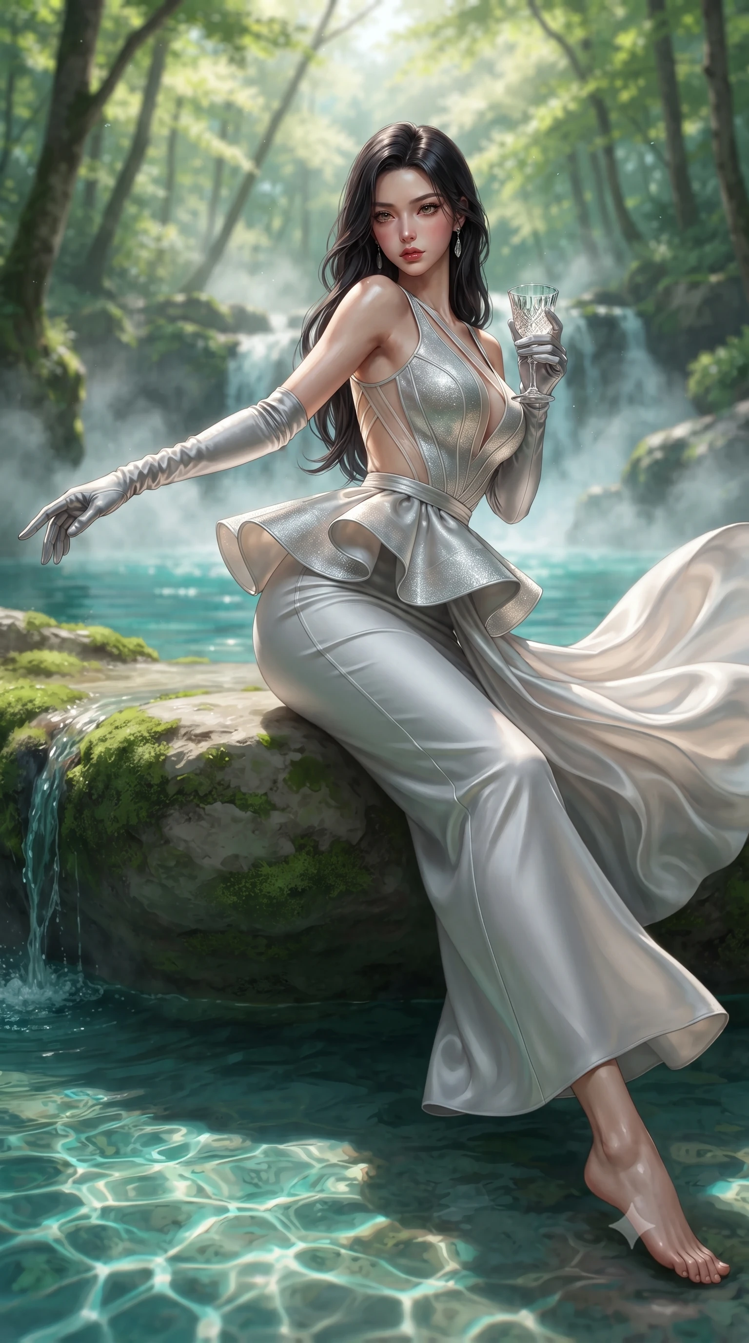 score_9, masterpiece, best quality, ultra-detailed, high-budget anime keyframe, semi-realistic 3D game render, editorial fashion photography, tasteful artistic composition, Korean woman. low angle full-body shot from head to toe showing her feet, filling the entire 9:16 vertical frame with her statuesque presence, stretching her vertical silhouette. executing an elegant mid-motion pivot turn as garments swirl around her slender limbs, glancing over her shoulder with an intoxicating bedroom-gaze while reclining on a smooth moss-covered limestone ledge propped on one elbow, her flat midriff and willowy curves bathed in dappled forest sunlight. The composition keeps background elements in soft focus with creamy bokeh. lush beech forest leaves and rising waterfall mist vapors softened in pristine nature shallow focus. She has an exceptionally tall and slender model-like 8.5-heads proportion, an ultra-slim waist, a flat toned midriff, narrow delicate ribcage, and beautifully sculpted feminine hips creating a graceful, slim hourglass silhouette without any bulky heaviness, with impossibly long slender legs. sharp v-shaped jawline, high-bridge nose, intricate jewel-like eyes with depth, thick eyelashes, glossy parted lips with a natural sheen, intensely captivating and seductive bedroom-eyes expression, flawlessly proportioned anatomical accuracy, strict slender model proportions, natural body alignment, perfectly sculpted long slender limbs, ultra-slim waistline, clean dynamic posture without body distortion. wearing a structural geometric peplum gown with sheer side-ribbon cutouts and form-fitting skirt in shimmering silver mercury and pearl white, made of fluid silk crepe with delicate inner corsetry boning, accessorized with opera-length satin gloves and a vintage crystal glass, the glove-like aerodynamic silhouette tightly following the natural contour of her hips and long slender legs with statuesque 8.5-heads elegance. illuminated by intense turquoise water caustics carving her razor-sharp jawline, narrow waist, and curvy hips. highly saturated vibrant anime colors, detailed shading with soft gradients, rich glossy textures, high-contrast stereoscopic depth, volumetric dynamic lighting, master piece, 9:16 ratio