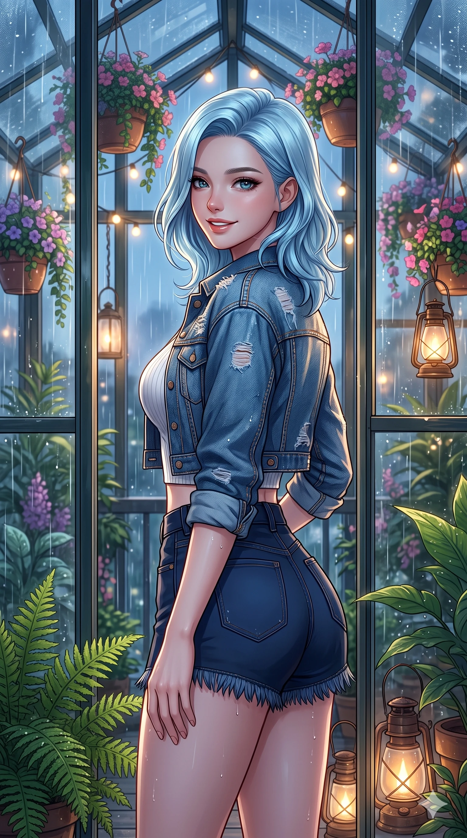 score_9, masterpiece, best quality, ultra-detailed, high-budget anime keyframe, vibrant anime aesthetic, Korean woman. close-up cowboy shot from the waist and thighs up, the character dominates the composition, filling the frame with her large presence, background elements kept in soft focus. She is posing near glass greenhouse panels, smiling delightfully over her shoulder, gazing softly at the camera lens standing amidst vibrant green ferns. on a glass-roofed balcony decorated with hanging flower pots and warm fairy lights, under a steady rainfall (Code-P22-098). She has an absolutely perfect proportion, an exceptionally elegant and slender female figure with an ultra-slim waist. V-shaped jawline, high-bridge nose, intricate jewel-like eyes with depth, thick eyelashes, glossy lips with a natural sheen. wearing a cropped denim jacket over a fitted crop top and short-shorts in midnight blue. She is bathed in soft twilight glow mixed with warm lantern lights, highlighting her V-shaped jawline inside the glass pavilion. 2k, ultra detail, master piece, 9:16 ratio
