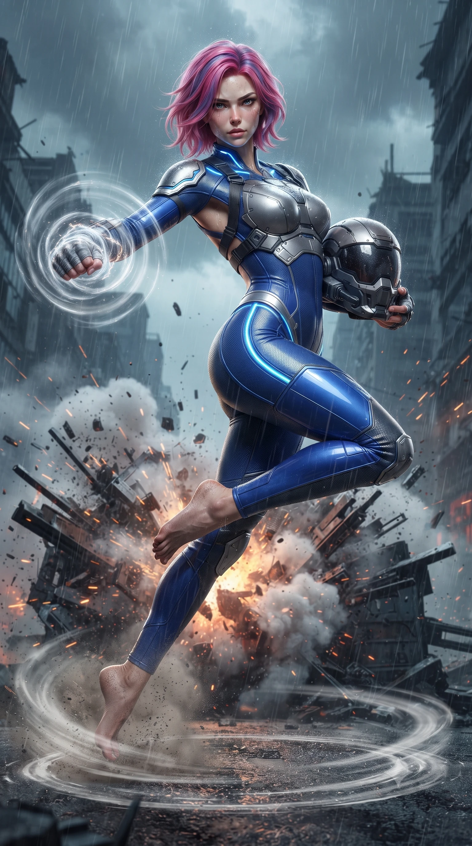 score_9, masterpiece, best quality, ultra-detailed, high-budget anime keyframe, editorial fashion photography, tasteful artistic composition, Caucasian woman. low angle full-body shot from head to toe showing her feet, filling the entire 9:16 vertical frame with her statuesque presence, stretching her vertical silhouette. leaping into mid-air with an athletic yet alluring arch of her spine, driving a downward kinetic strike surrounded by a ring of displaced air while sliding into a low defensive slide beneath an exploding barricade with fists wrapped in kinetic shockwave fields. The surrounding environment is rendered in vivid detail and crisp panoramic clarity. intricate forearm vambrace buckles, sweat beads on collarbones, and glowing laser lines in high clarity. She has an absolutely perfect, statuesque 8.5-heads proportion, an exceptionally tall and slender model-like female figure with impossibly long slender legs, a toned flat midriff, and an ultra-slim waist. sharp v-shaped jawline, high-bridge nose, intricate jewel-like eyes with depth, thick eyelashes, glossy lips with a natural sheen, fierce and resolute heroine expression, flawlessly proportioned anatomical accuracy, strict slender model proportions, natural body alignment, perfectly sculpted long slender limbs, ultra-slim waistline, clean dynamic posture without body distortion. holding a modular carbon battle-helmet under one arm, her flawless face and sculpted neck exposed to the rain with determined warrior focus, paired with a tailored tactical combat jumpsuit with an open-back harness design, reinforced composite breastplate, and high-mobility elbow dampers in electric cobalt blue carbon with brushed platinum tactical trim, tailored from flexible second-skin ballistic carbon-mesh adhering flawlessly to her athletic build, accented with glowing fiber-optic telemetry conduits tracing her collarbones and hip curves, the sleek second-skin cut tightly hugging her graceful clavicle, narrow waist, and feminine curves with athletic precision. surrounded by a rebellious, passionate, and fiercely alluring dystopian freedom-fighter aura. ultra-reflective glossy finish, specular highlights, dark metallic sheen, high-contrast stereoscopic depth, volumetric dynamic lighting, 2k, ultra detail, master piece, 9:16 ratio