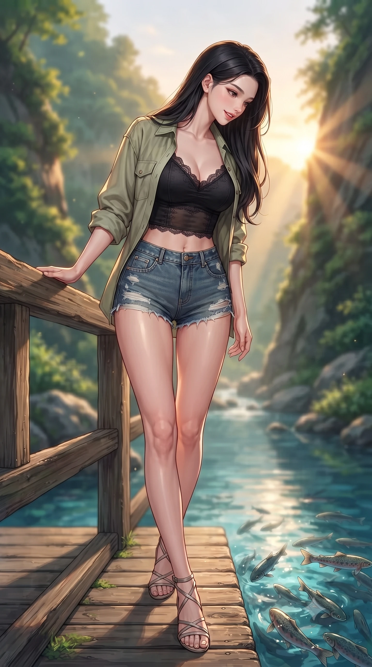 score_9, masterpiece, best quality, ultra-detailed, high-budget anime keyframe, editorial fashion photography, tasteful artistic composition, Korean woman. low angle full-body shot from head to toe showing her feet, filling the entire 9:16 vertical frame with her statuesque presence, stretching her vertical silhouette. stepping forward with an alluring, magnetic smile, her graceful posture highlighting her statuesque silhouette set against a soft-focus background of next to a cool, crystal-clear stream flowing through a lush green valley resting her hand on the wooden bridge railing, looking down at the fish. She has an absolutely perfect, statuesque 8.5-heads proportion, an exceptionally tall and slender model-like female figure with impossibly long slender legs and an ultra-slim waist. sharp v-shaped jawline, high-bridge nose, intricate jewel-like eyes with depth, thick eyelashes, glossy lips with a natural sheen. wearing slim-fit delicate lace-accented crop top under an open utility shirt, paired with micro-shorts. golden hour sunset light slicing through the valley gorge in warm rays. highly saturated vibrant anime colors, detailed shading with soft gradients, rich glossy textures, high-contrast stereoscopic depth, volumetric dynamic lighting, master piece, 9:16 ratio