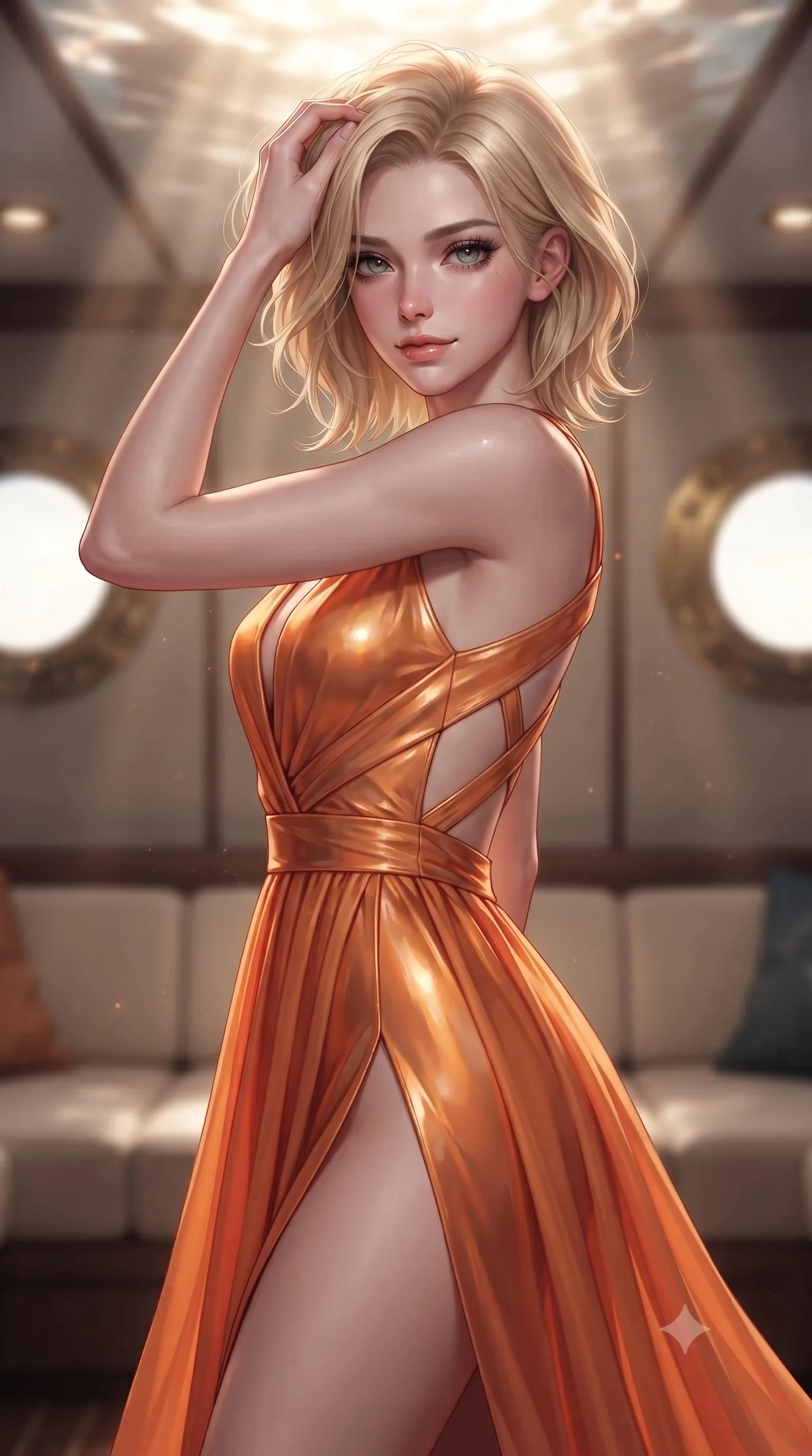 score_9, masterpiece, best quality, ultra-detailed, high-budget anime keyframe, editorial fashion photography, tasteful artistic composition, Caucasian woman. close-up cowboy shot from the waist and thighs up, the character dominates the composition, filling the frame with her large presence, background elements kept in soft focus. slowly running a hand through her hair, smiling with quiet, magnetic self-assurance directly into the camera, the background shows a soft-focus a private cabin room of an abyssal research yacht with brass portholes. She has an exceptionally elegant, slender, and willowy female figure with an ultra-slim waist, a gracefully sculpted slender torso, and a refined silhouette. sharp v-shaped jawline, high-bridge nose, intricate jewel-like eyes with depth, thick eyelashes, glossy lips with a natural sheen. wearing a tailored high-slit space combat gown in sunset orange chiffon, featuring a daring thigh-slit and an open-back design. shimmering sunbeams reflecting from the water surface onto the ceiling. ultra-reflective glossy finish, specular highlights, metallic sheen, high-contrast stereoscopic depth, volumetric dynamic lighting, 2k, ultra detail, master piece, 9:16 ratio